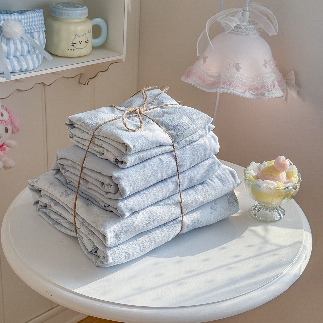 91家纺网 家纺一手货源 找家纺 罗亿家纺 2026新款小清新云感双层纱木棉四件套系列（小红书热款推荐） 蓝萱