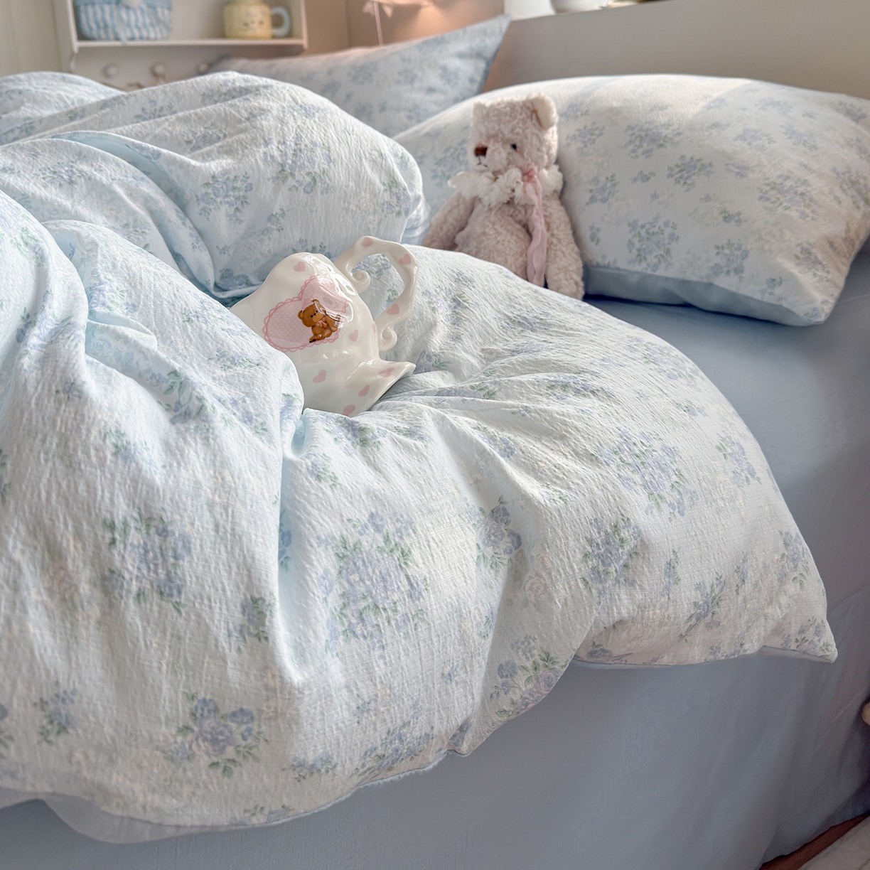 91家纺网 家纺一手货源 找家纺 罗亿家纺 2026新款小清新云感双层纱木棉四件套系列（小红书热款推荐） 蓝萱