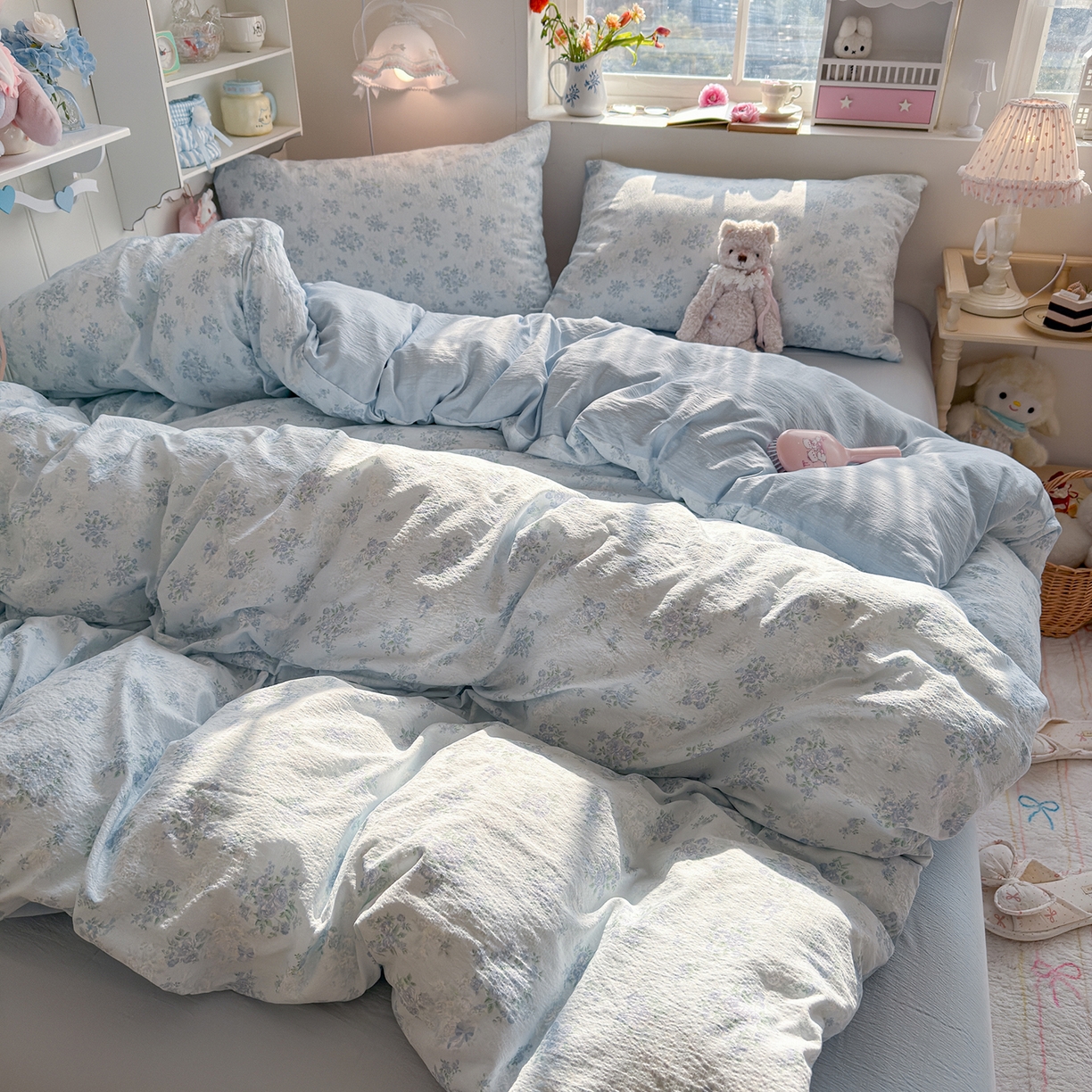 91家纺网 家纺一手货源 找家纺 罗亿家纺 2026新款小清新云感双层纱木棉四件套系列（小红书热款推荐） 蓝萱