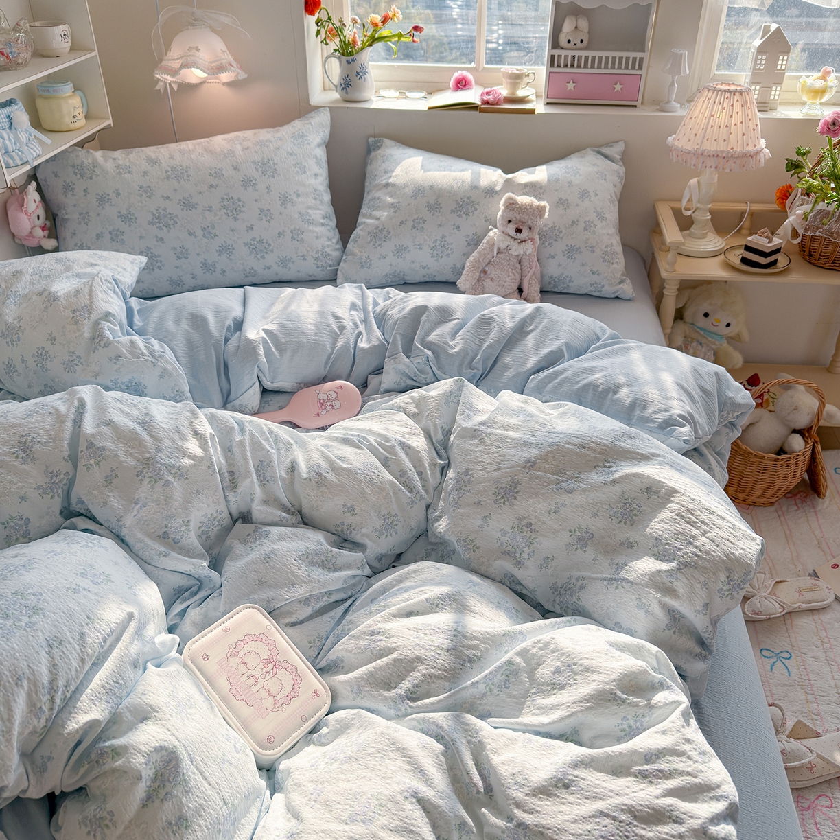 91家纺网 家纺一手货源 找家纺 罗亿家纺 2026新款小清新云感双层纱木棉四件套系列（小红书热款推荐） 蓝萱