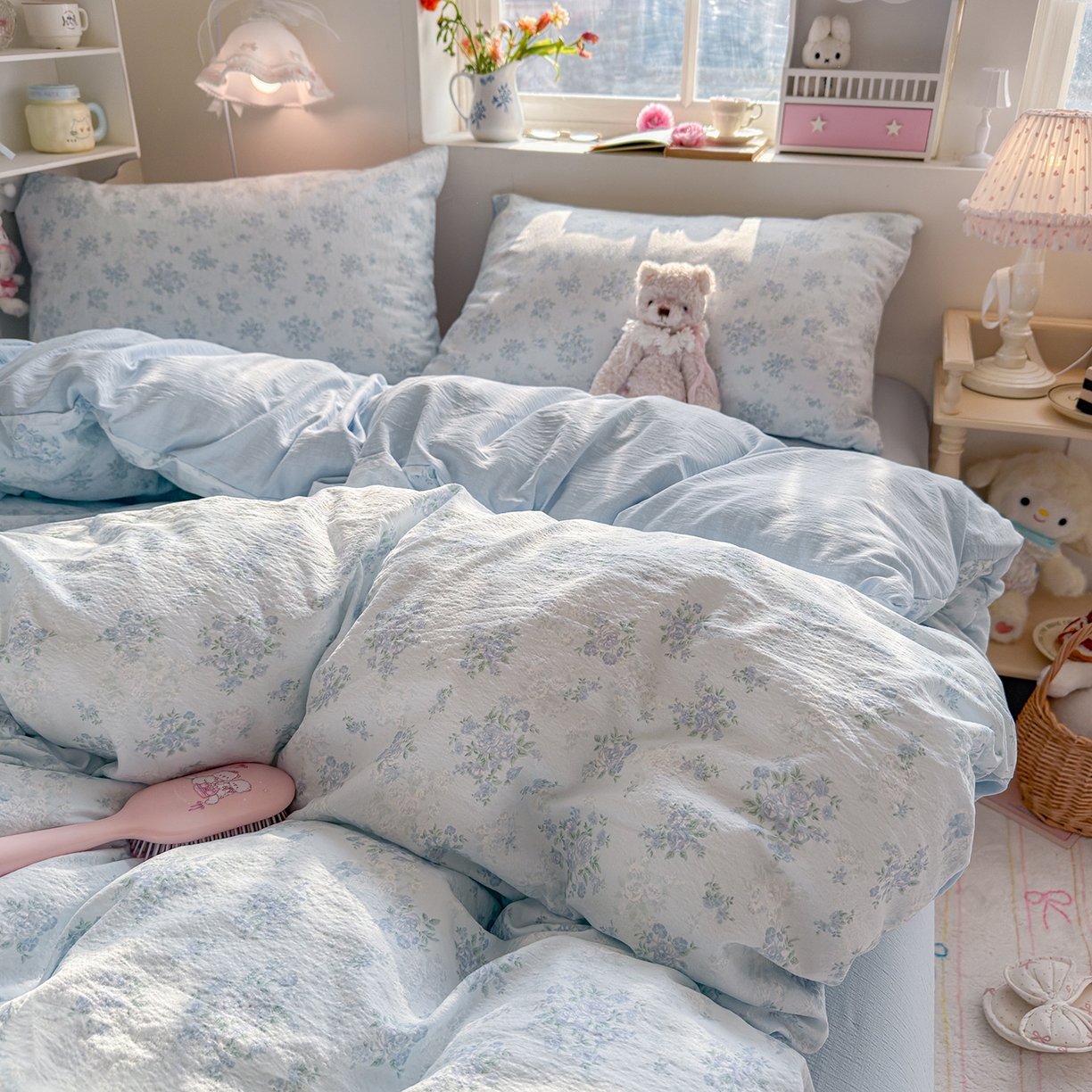 91家纺网 家纺一手货源 找家纺 罗亿家纺 2026新款小清新云感双层纱木棉四件套系列（小红书热款推荐） 蓝萱