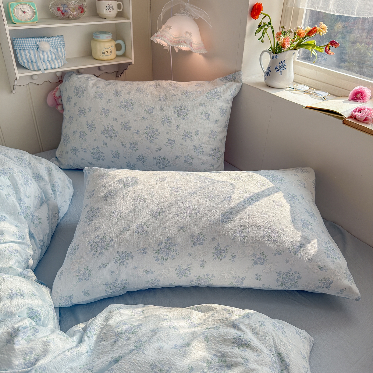 91家纺网 家纺一手货源 找家纺 罗亿家纺 2026新款小清新云感双层纱木棉四件套系列（小红书热款推荐） 蓝萱