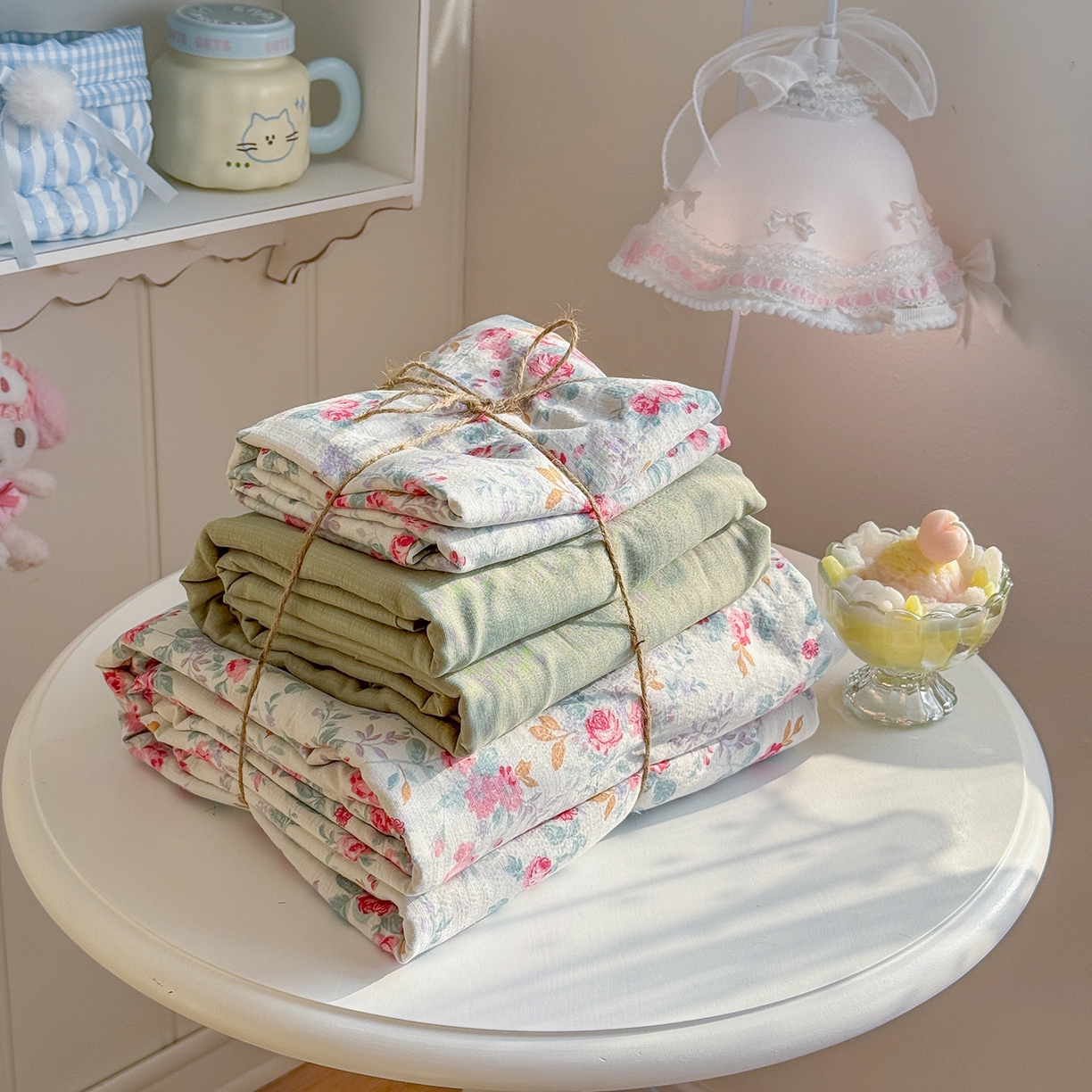 91家纺网 家纺一手货源 找家纺 罗亿家纺 2026新款小清新云感双层纱木棉四件套系列（小红书热款推荐） 七里香