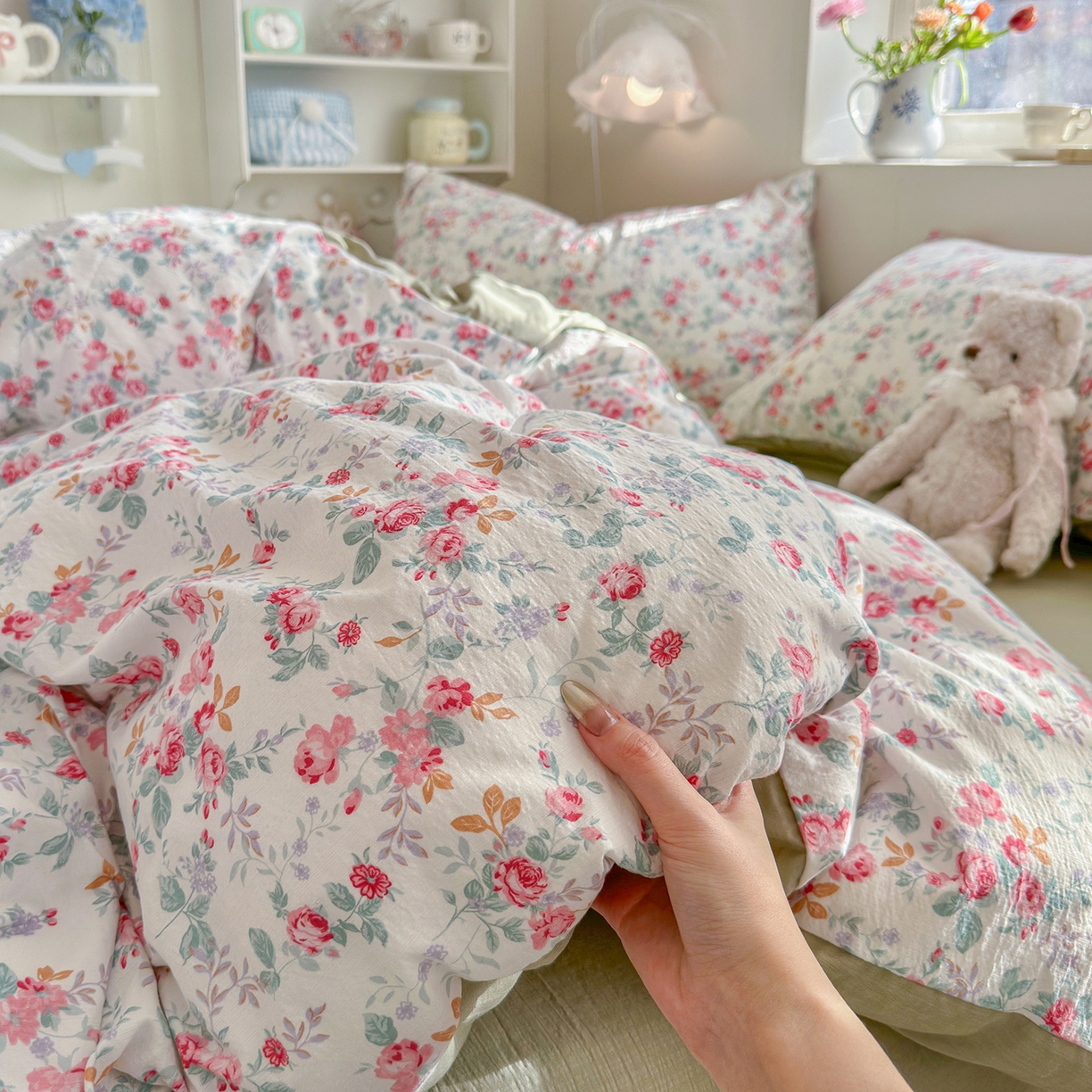 91家纺网 家纺一手货源 找家纺 罗亿家纺 2026新款小清新云感双层纱木棉四件套系列（小红书热款推荐） 七里香