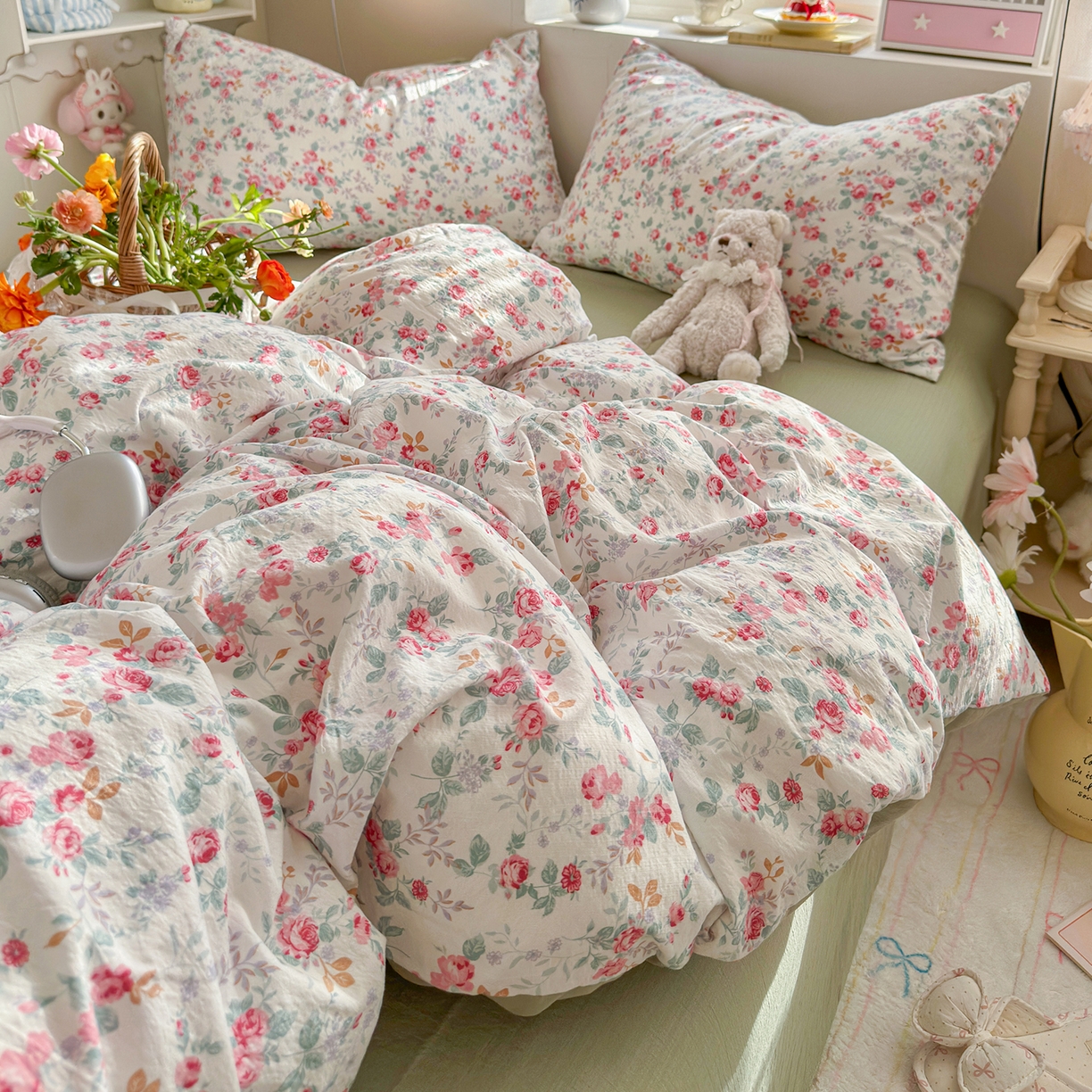 91家纺网 家纺一手货源 找家纺 罗亿家纺 2026新款小清新云感双层纱木棉四件套系列（小红书热款推荐） 七里香