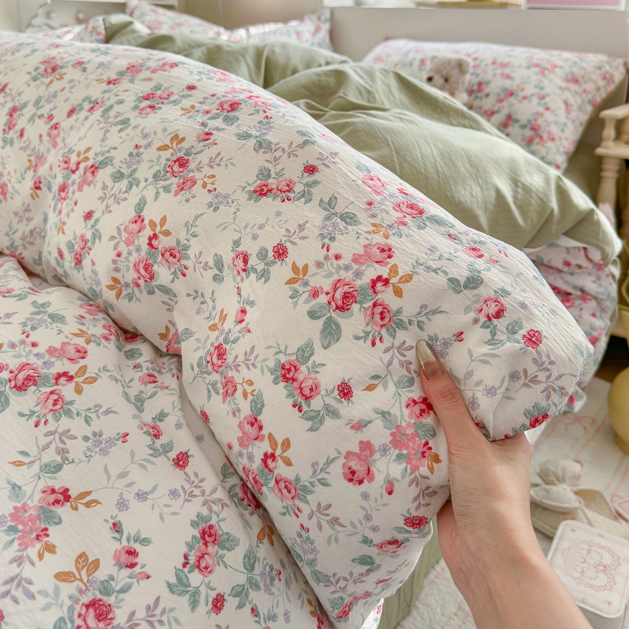 91家纺网 家纺一手货源 找家纺 罗亿家纺 2026新款小清新云感双层纱木棉四件套系列（小红书热款推荐） 七里香