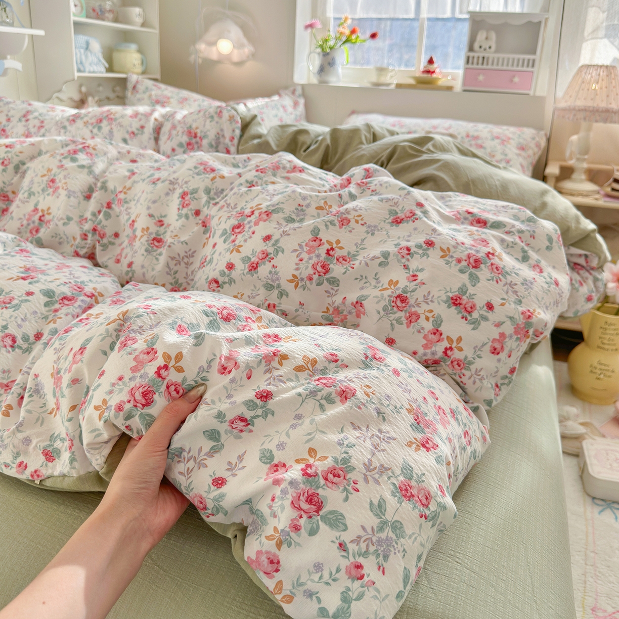 91家纺网 家纺一手货源 找家纺 罗亿家纺 2026新款小清新云感双层纱木棉四件套系列（小红书热款推荐） 七里香