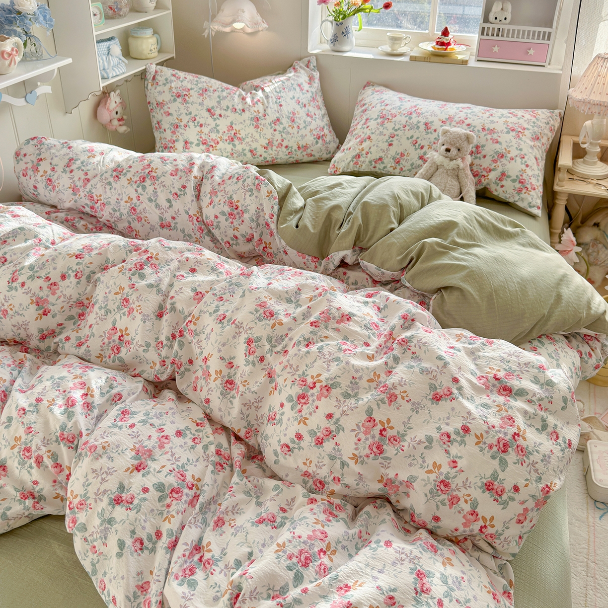 91家纺网 家纺一手货源 找家纺 罗亿家纺 2026新款小清新云感双层纱木棉四件套系列（小红书热款推荐） 七里香