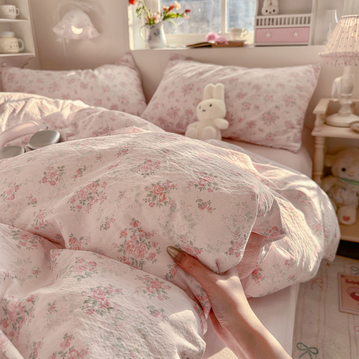 91家纺网 家纺一手货源 找家纺 罗亿家纺 2026新款小清新云感双层纱木棉四件套系列（小红书热款推荐） 蔷薇絮