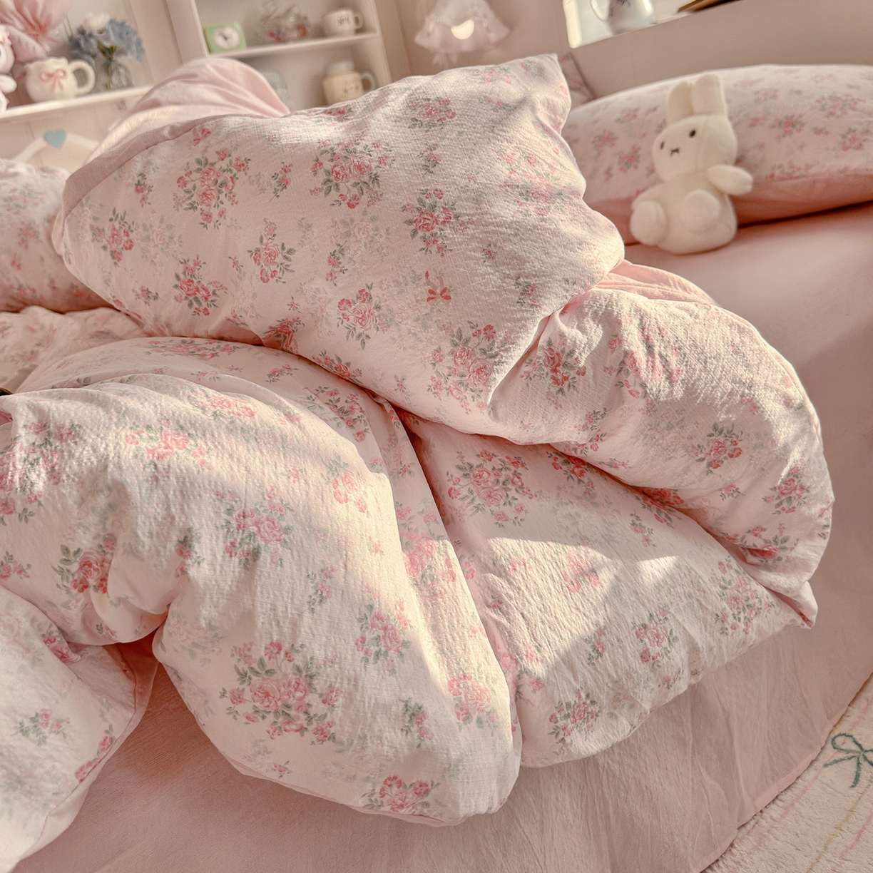 91家纺网 家纺一手货源 找家纺 罗亿家纺 2026新款小清新云感双层纱木棉四件套系列（小红书热款推荐） 蔷薇絮