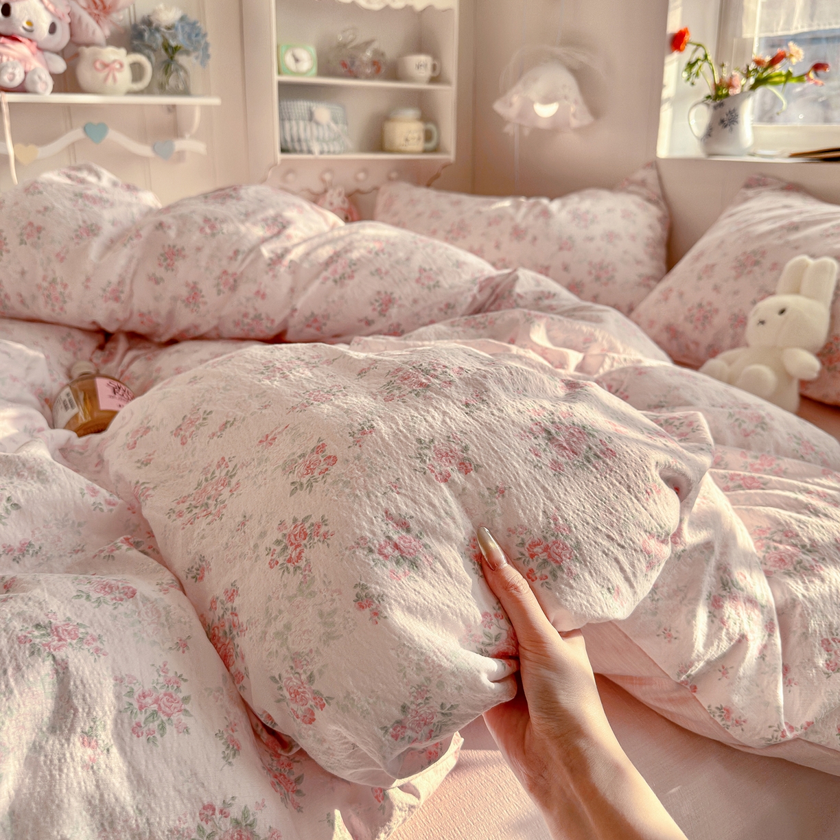 91家纺网 家纺一手货源 找家纺 罗亿家纺 2026新款小清新云感双层纱木棉四件套系列（小红书热款推荐） 蔷薇絮