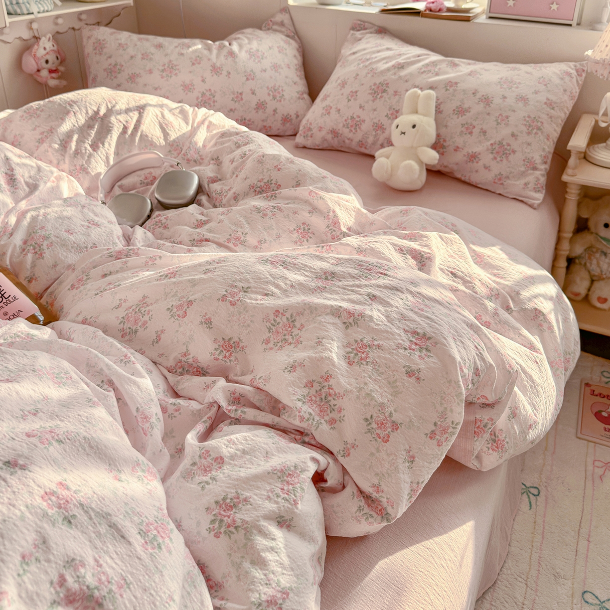 91家纺网 家纺一手货源 找家纺 罗亿家纺 2026新款小清新云感双层纱木棉四件套系列（小红书热款推荐） 蔷薇絮