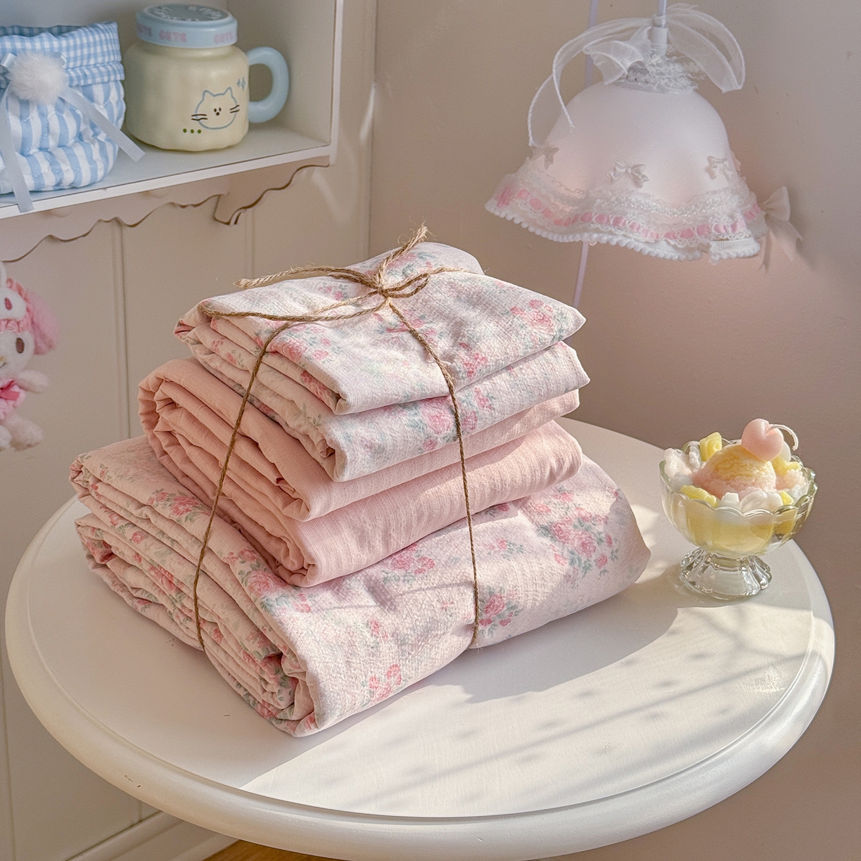 91家纺网 家纺一手货源 找家纺 罗亿家纺 2026新款小清新云感双层纱木棉四件套系列（小红书热款推荐） 蔷薇絮