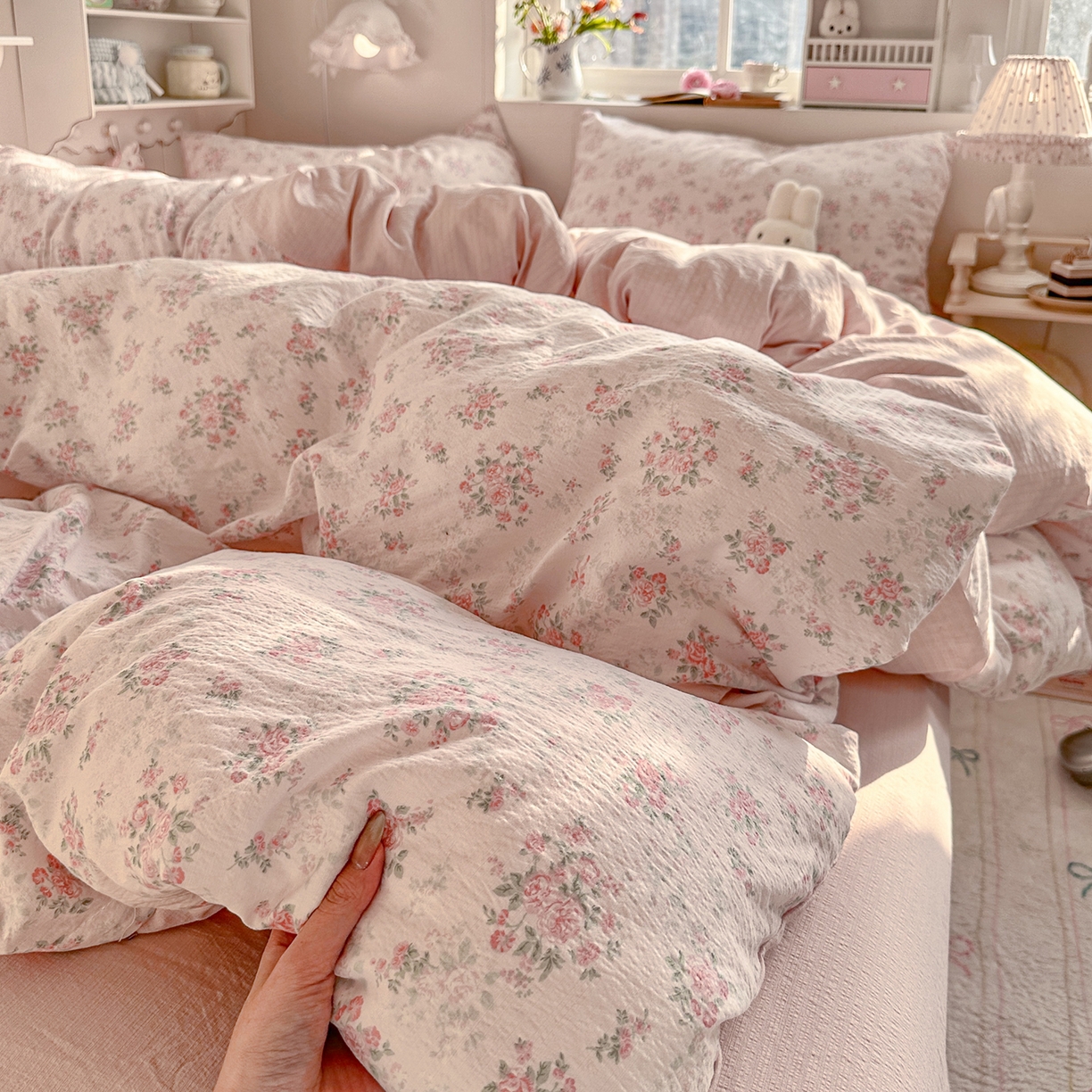 91家纺网 家纺一手货源 找家纺 罗亿家纺 2026新款小清新云感双层纱木棉四件套系列（小红书热款推荐） 蔷薇絮