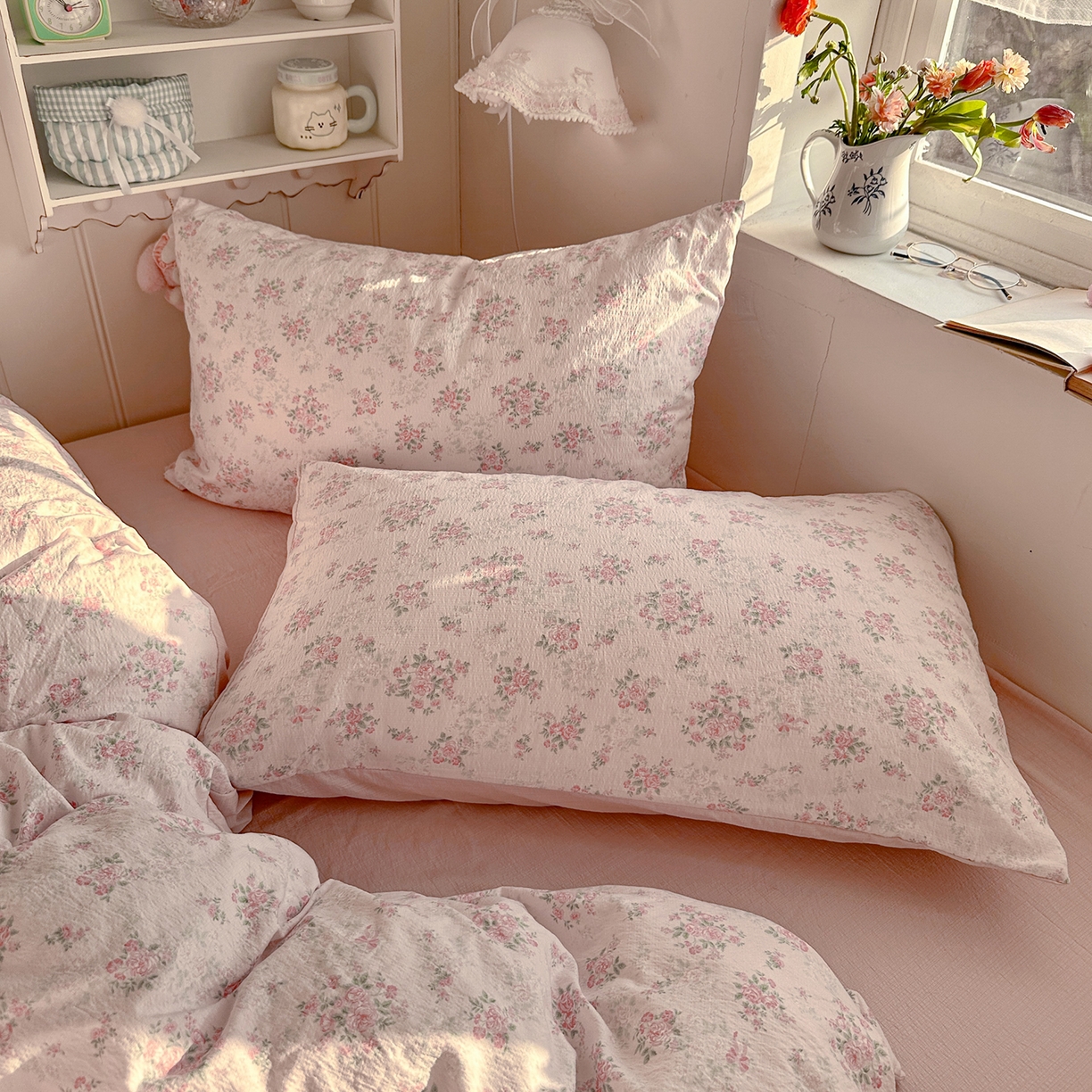 91家纺网 家纺一手货源 找家纺 罗亿家纺 2026新款小清新云感双层纱木棉四件套系列（小红书热款推荐） 蔷薇絮