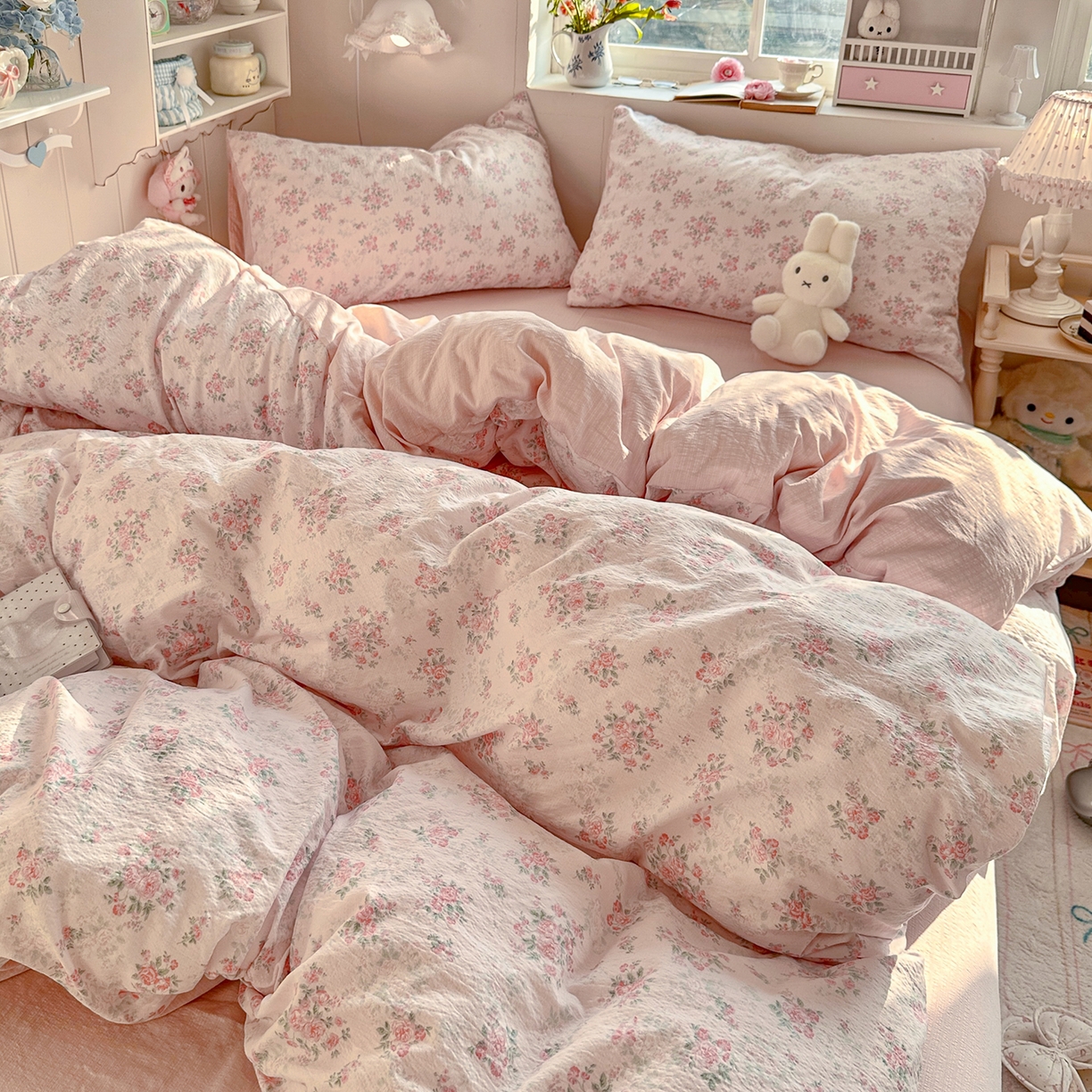 91家纺网 家纺一手货源 找家纺 罗亿家纺 2026新款小清新云感双层纱木棉四件套系列（小红书热款推荐） 蔷薇絮