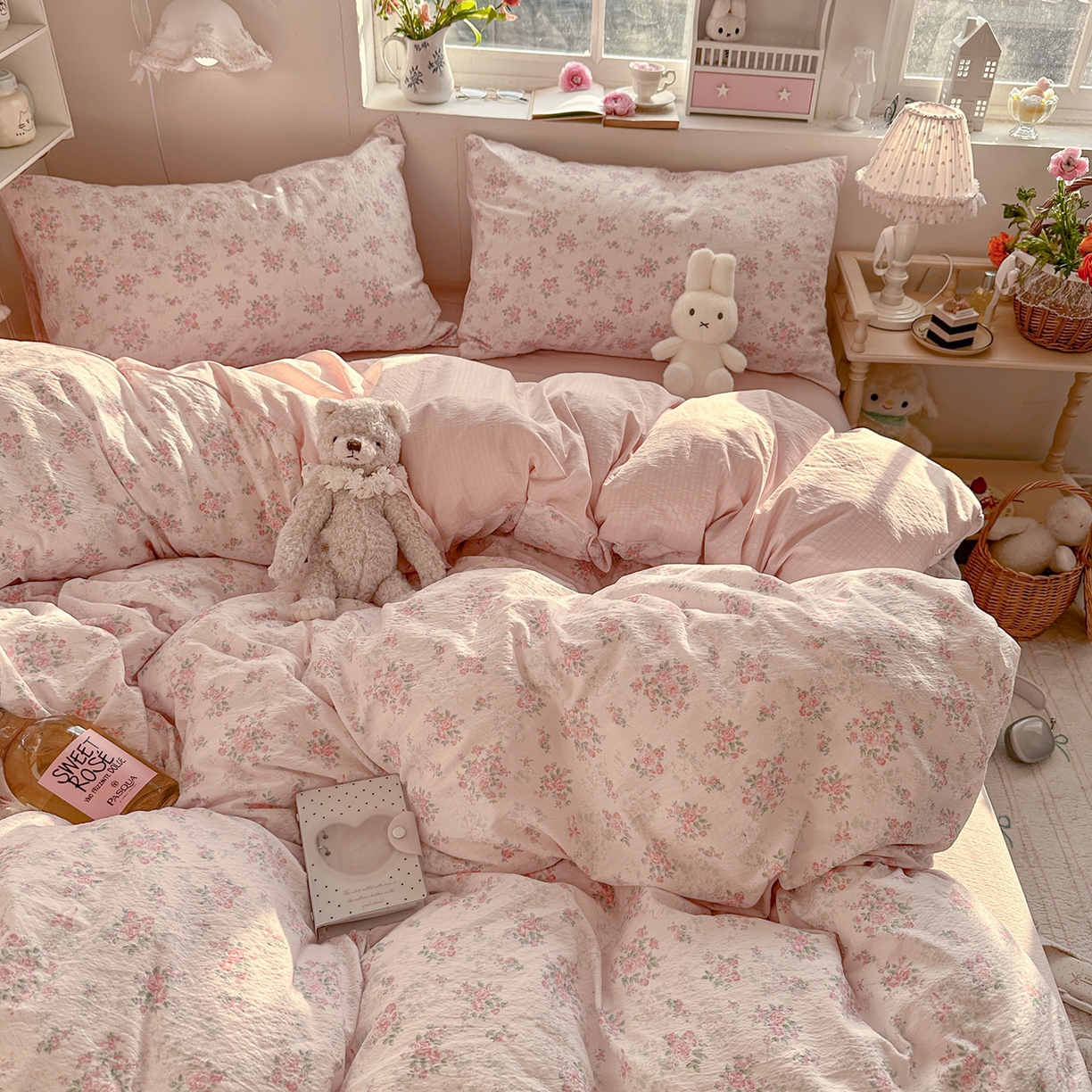 91家纺网 家纺一手货源 找家纺 罗亿家纺 2026新款小清新云感双层纱木棉四件套系列（小红书热款推荐） 蔷薇絮