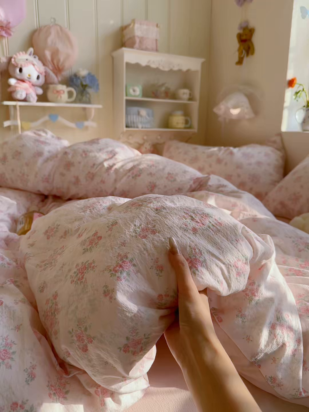 91家纺网 家纺一手货源 找家纺 罗亿家纺 2026新款小清新云感双层纱木棉四件套系列（小红书热款推荐） 蔷薇絮