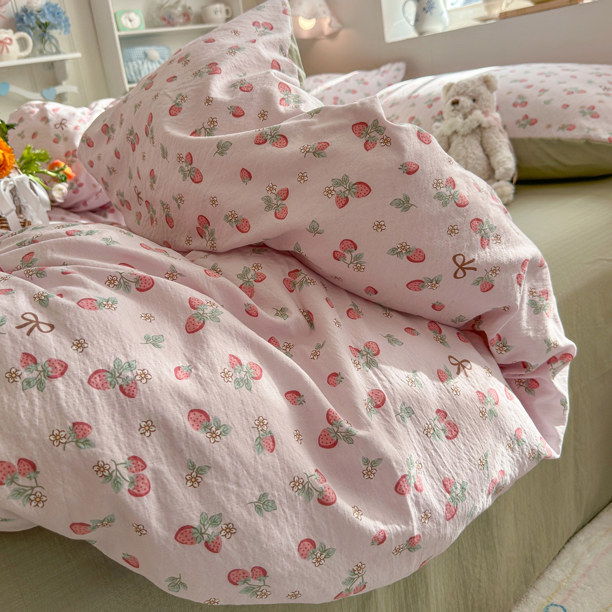 91家纺网 家纺一手货源 找家纺 罗亿家纺 2026新款小清新云感双层纱木棉四件套系列（小红书热款推荐） 甜莓