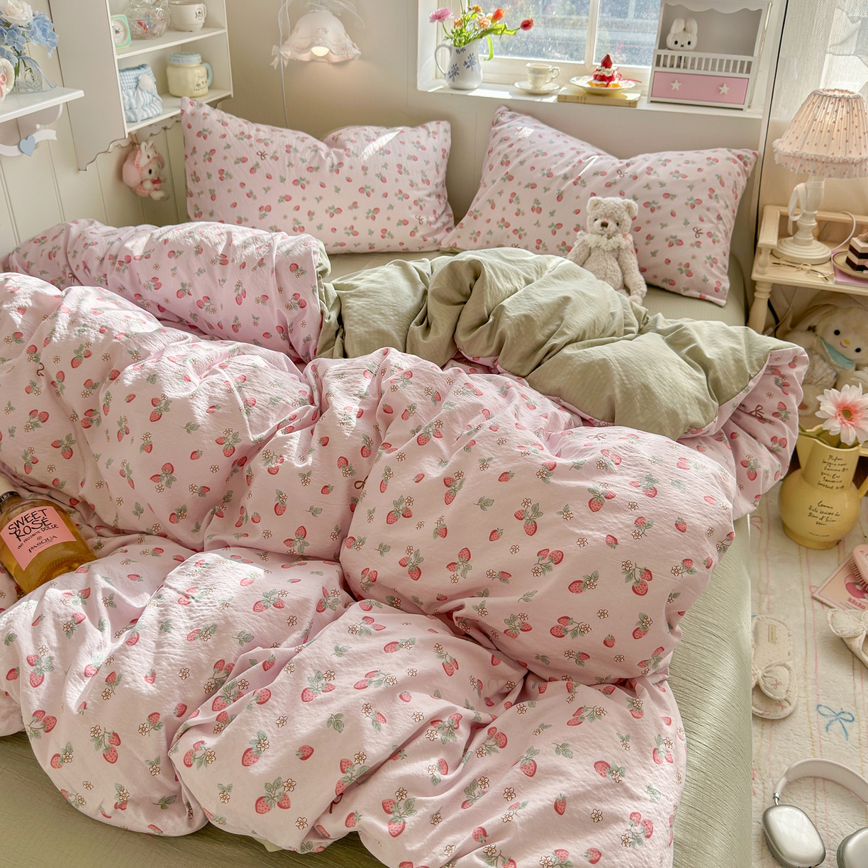 91家纺网 家纺一手货源 找家纺 罗亿家纺 2026新款小清新云感双层纱木棉四件套系列（小红书热款推荐） 甜莓