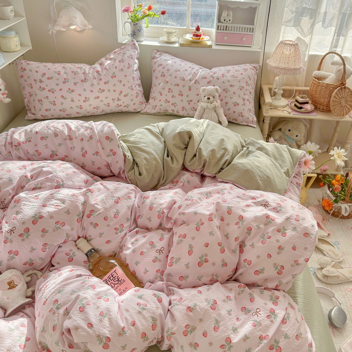 91家纺网 家纺一手货源 找家纺 罗亿家纺 2026新款小清新云感双层纱木棉四件套系列（小红书热款推荐） 甜莓