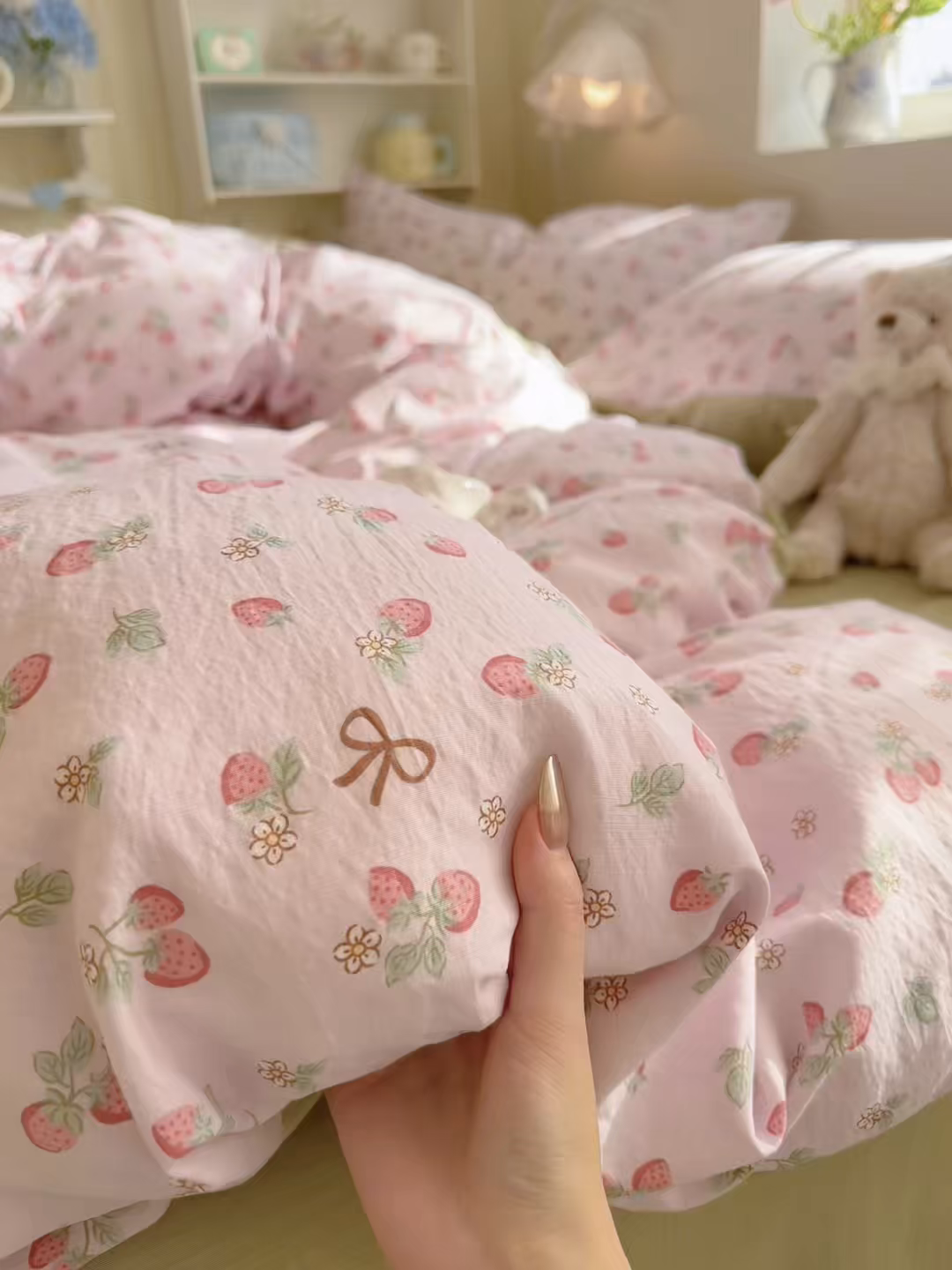 91家纺网 家纺一手货源 找家纺 罗亿家纺 2026新款小清新云感双层纱木棉四件套系列（小红书热款推荐） 甜莓