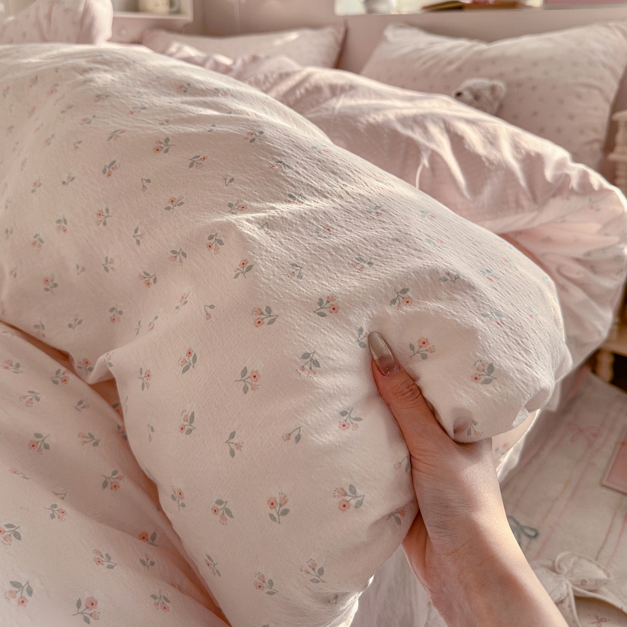 91家纺网 家纺一手货源 找家纺 罗亿家纺 2026新款小清新云感双层纱木棉四件套系列（小红书热款推荐） 甜昔