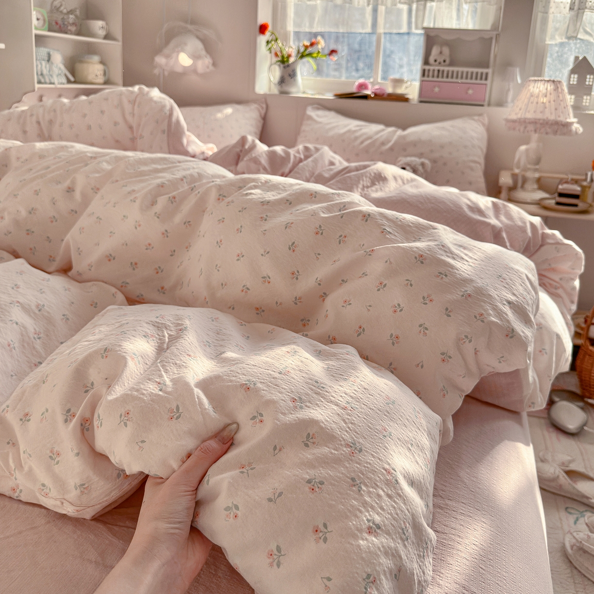 91家纺网 家纺一手货源 找家纺 罗亿家纺 2026新款小清新云感双层纱木棉四件套系列（小红书热款推荐） 甜昔