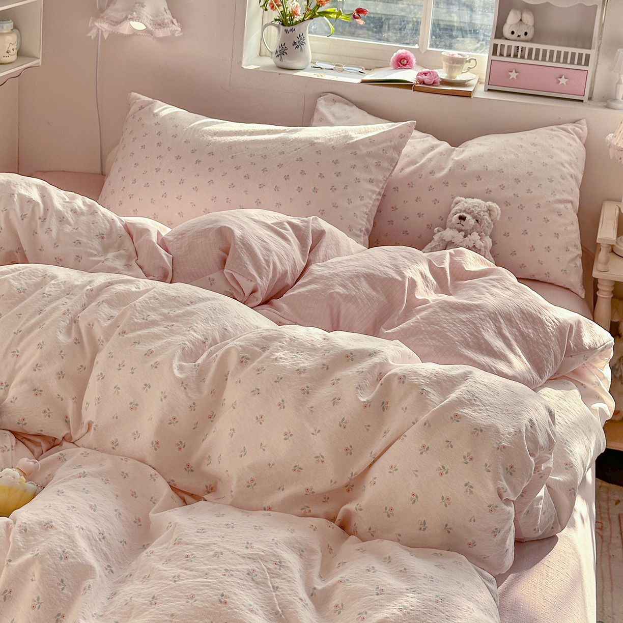 91家纺网 家纺一手货源 找家纺 罗亿家纺 2026新款小清新云感双层纱木棉四件套系列（小红书热款推荐） 甜昔