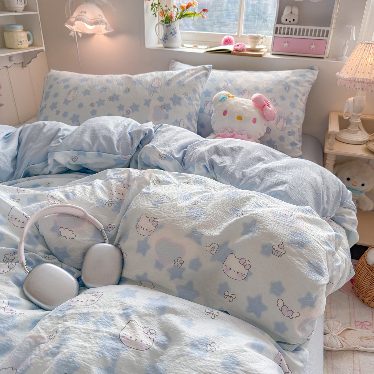 91家纺网 家纺一手货源 找家纺 罗亿家纺 2026新款小清新云感双层纱木棉四件套系列（小红书热款推荐） 小猫数星星