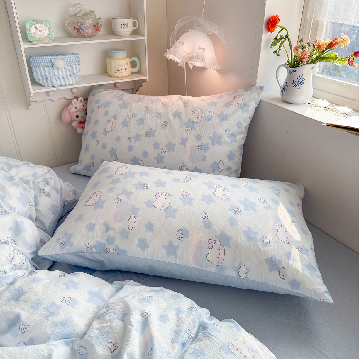 91家纺网 家纺一手货源 找家纺 罗亿家纺 2026新款小清新云感双层纱木棉四件套系列（小红书热款推荐） 小猫数星星
