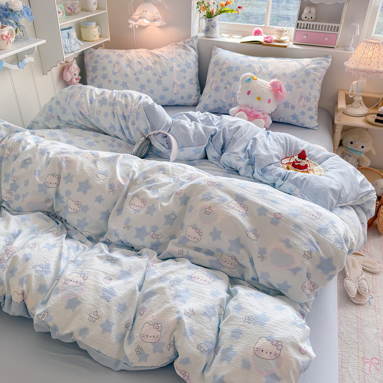 91家纺网 家纺一手货源 找家纺 罗亿家纺 2026新款小清新云感双层纱木棉四件套系列（小红书热款推荐） 小猫数星星