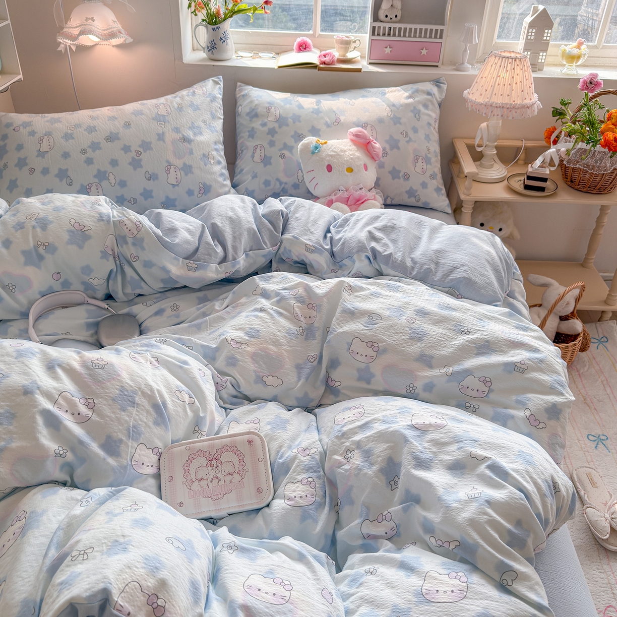 91家纺网 家纺一手货源 找家纺 罗亿家纺 2026新款小清新云感双层纱木棉四件套系列（小红书热款推荐） 小猫数星星