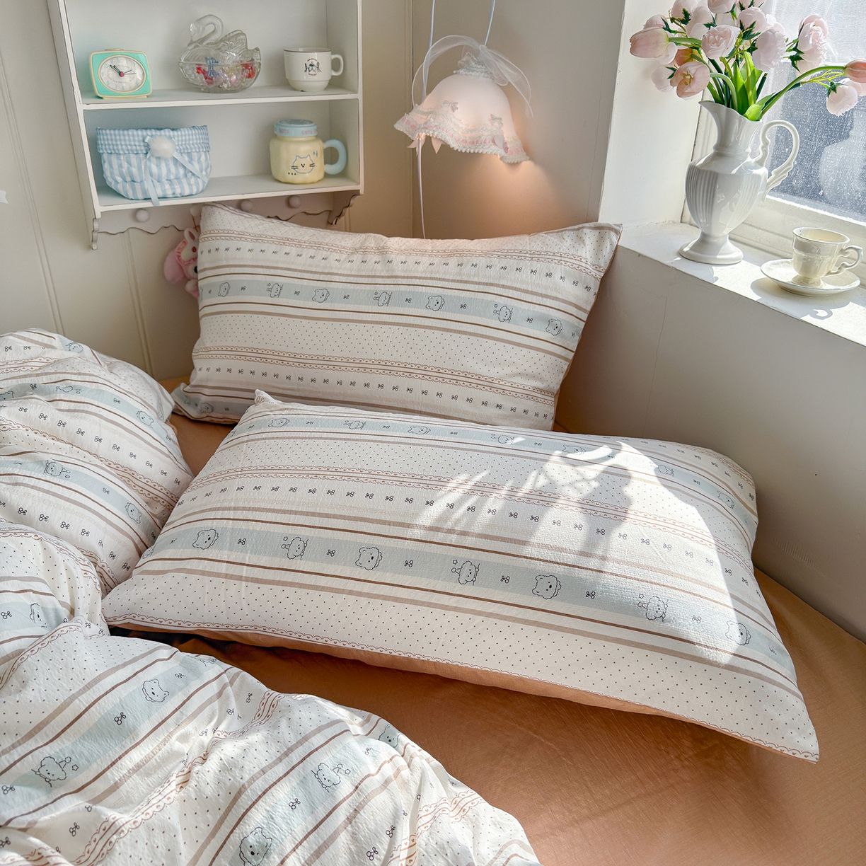 91家纺网 家纺一手货源 找家纺 罗亿家纺 2026新款小清新云感双层纱木棉四件套系列（小红书热款推荐） 小熊奶盖