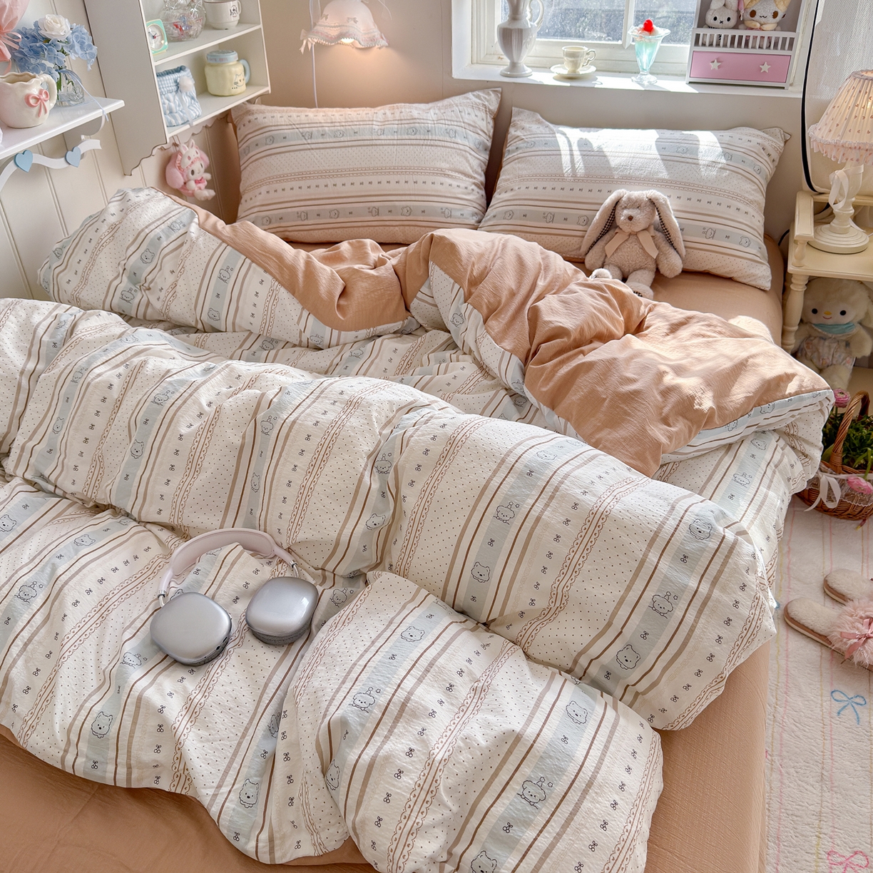 91家纺网 家纺一手货源 找家纺 罗亿家纺 2026新款小清新云感双层纱木棉四件套系列（小红书热款推荐） 小熊奶盖