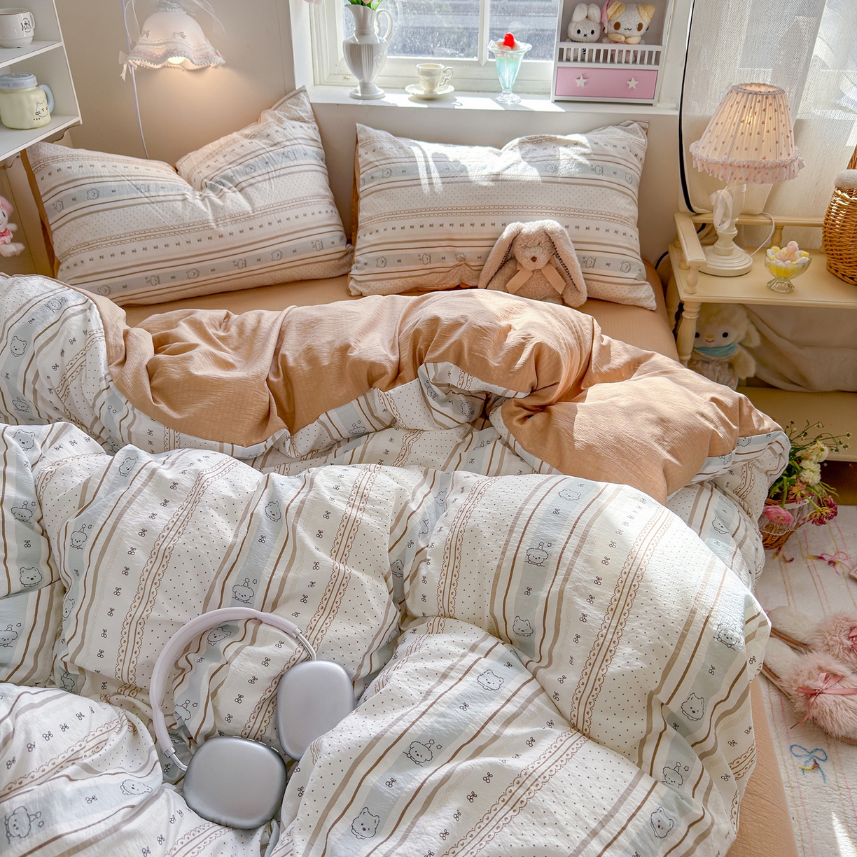 91家纺网 家纺一手货源 找家纺 罗亿家纺 2026新款小清新云感双层纱木棉四件套系列（小红书热款推荐） 小熊奶盖