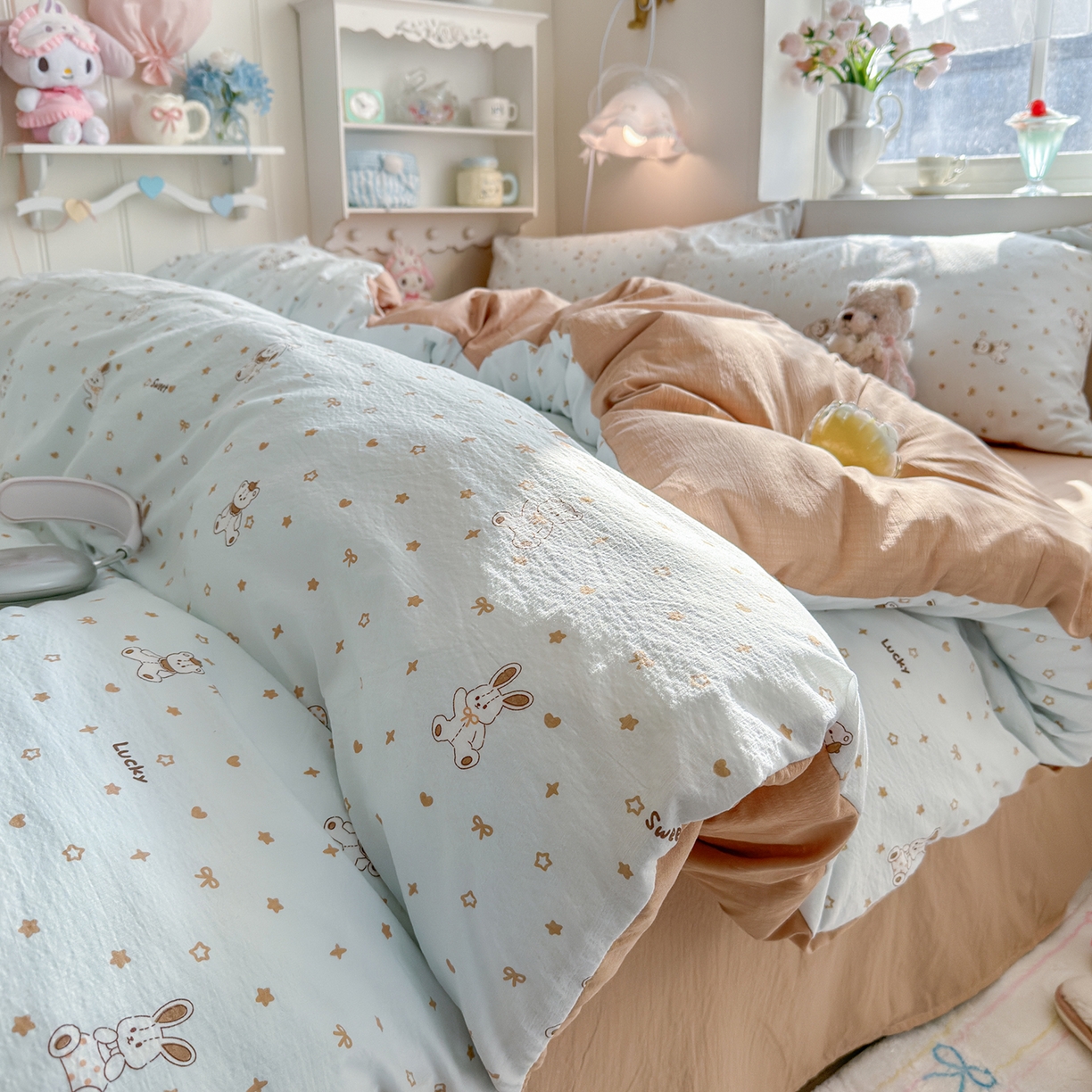 罗亿家纺 2026新款小清新云感双层纱木棉四件套系列（小红书热款推荐） 星星屁屁兔