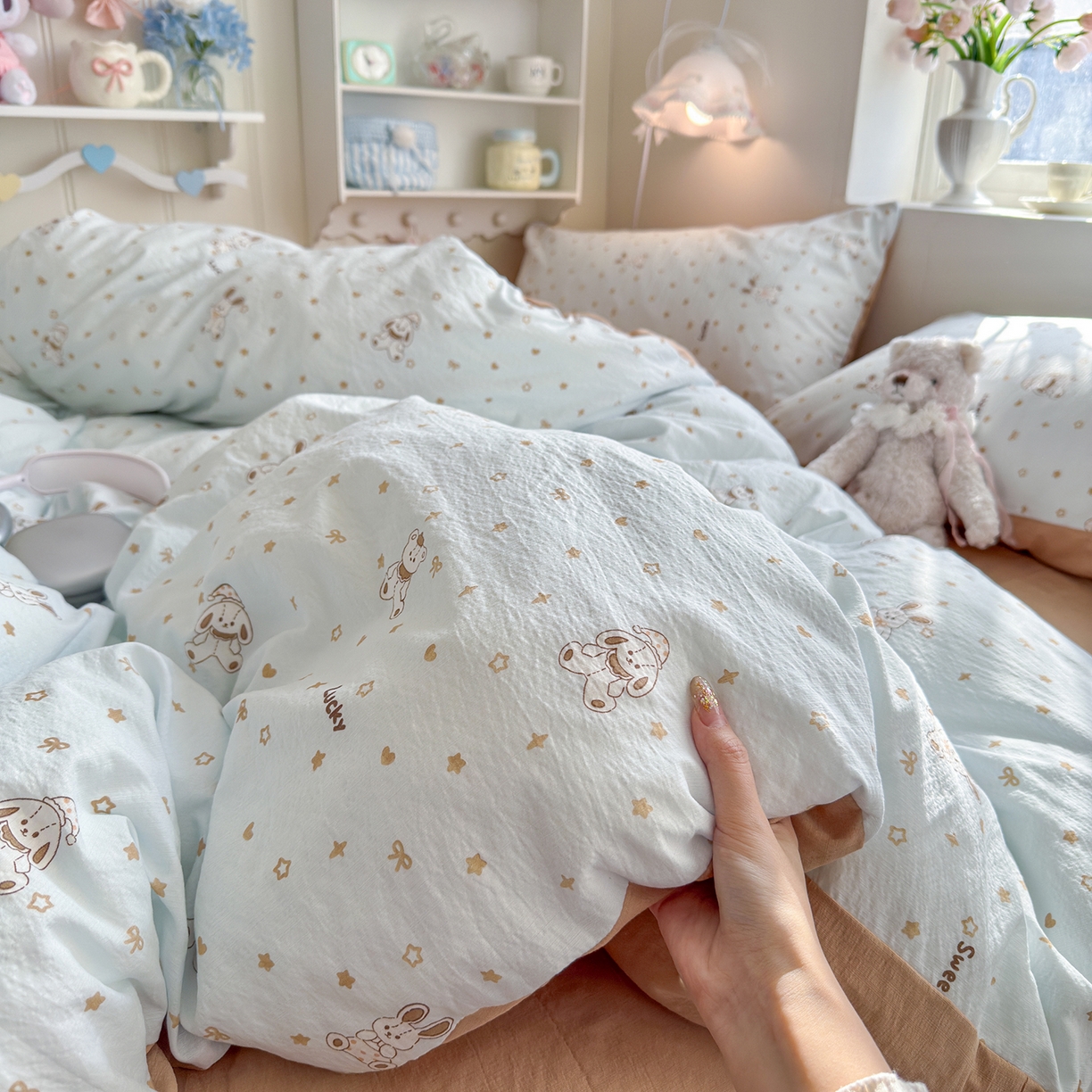 91家纺网 家纺一手货源 找家纺 罗亿家纺 2026新款小清新云感双层纱木棉四件套系列（小红书热款推荐） 星星屁屁兔