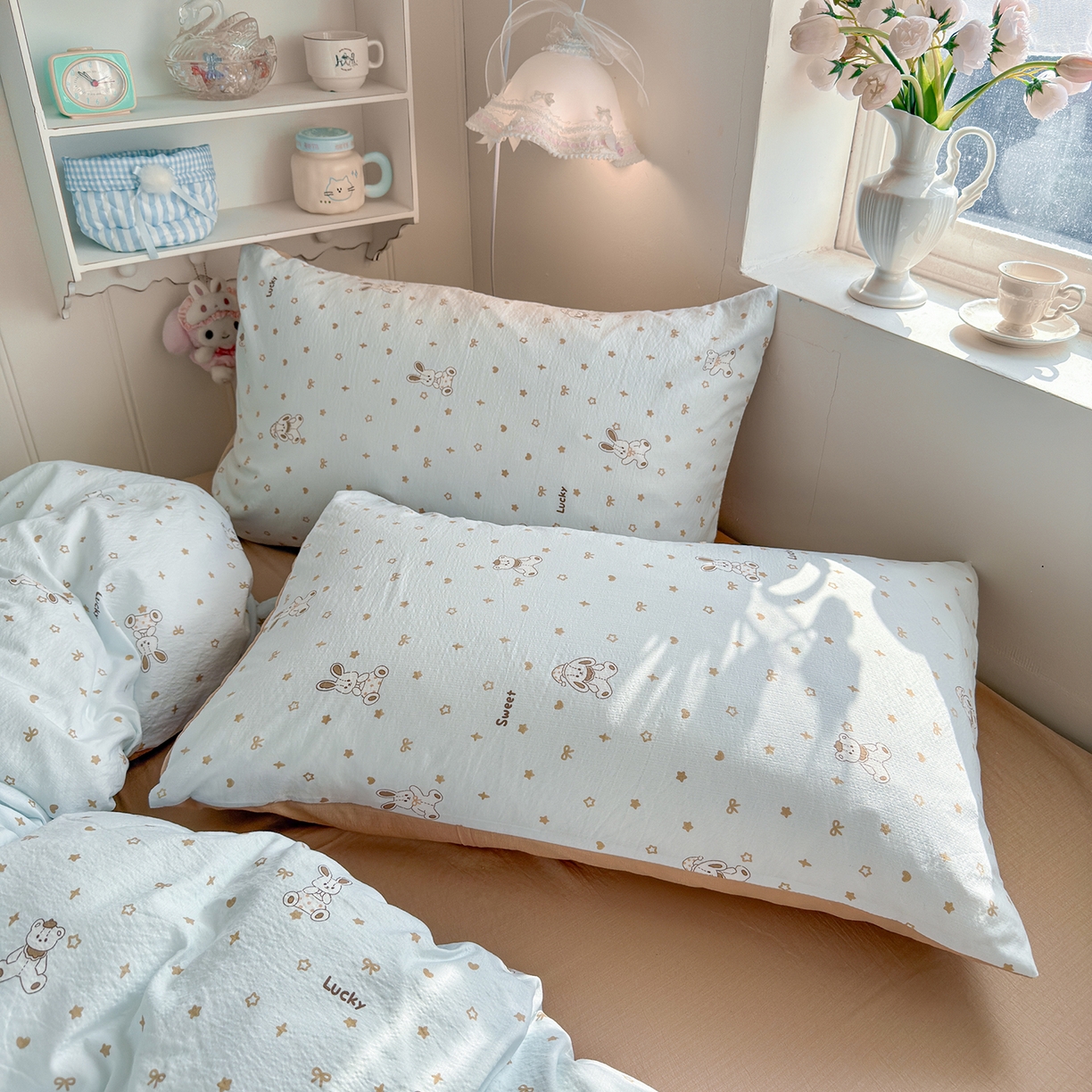 91家纺网 家纺一手货源 找家纺 罗亿家纺 2026新款小清新云感双层纱木棉四件套系列（小红书热款推荐） 星星屁屁兔