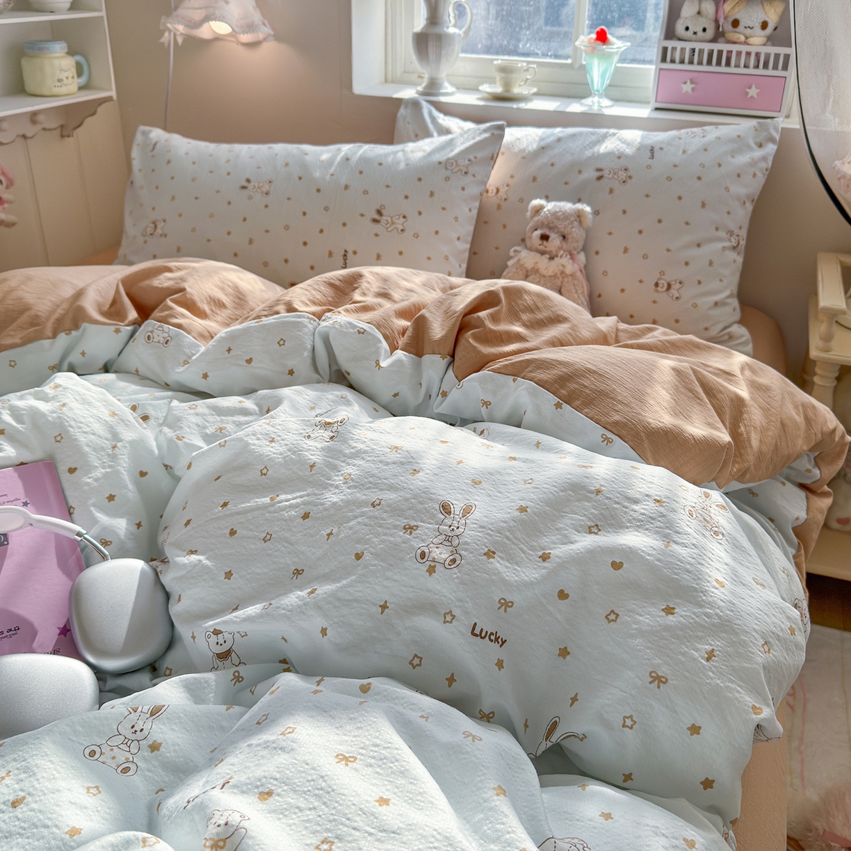 91家纺网 家纺一手货源 找家纺 罗亿家纺 2026新款小清新云感双层纱木棉四件套系列（小红书热款推荐） 星星屁屁兔
