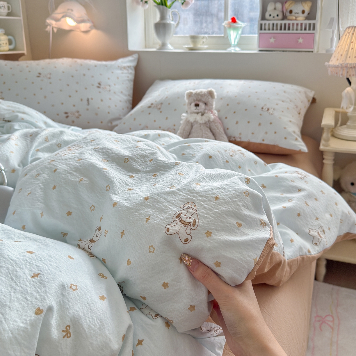 91家纺网 家纺一手货源 找家纺 罗亿家纺 2026新款小清新云感双层纱木棉四件套系列（小红书热款推荐） 星星屁屁兔