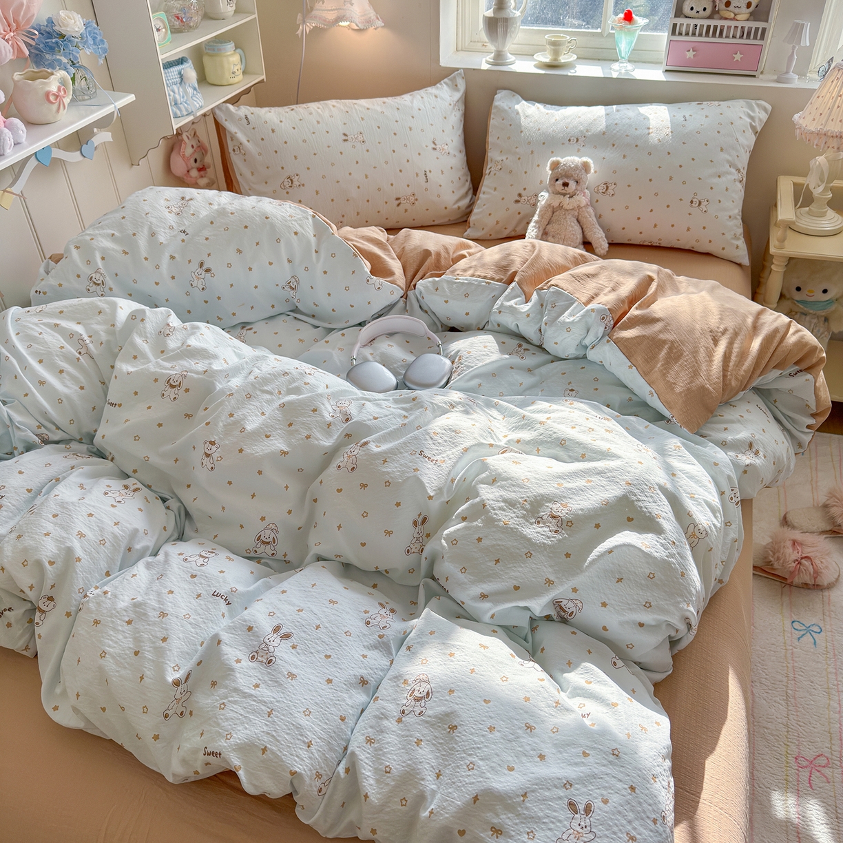 91家纺网 家纺一手货源 找家纺 罗亿家纺 2026新款小清新云感双层纱木棉四件套系列（小红书热款推荐） 星星屁屁兔