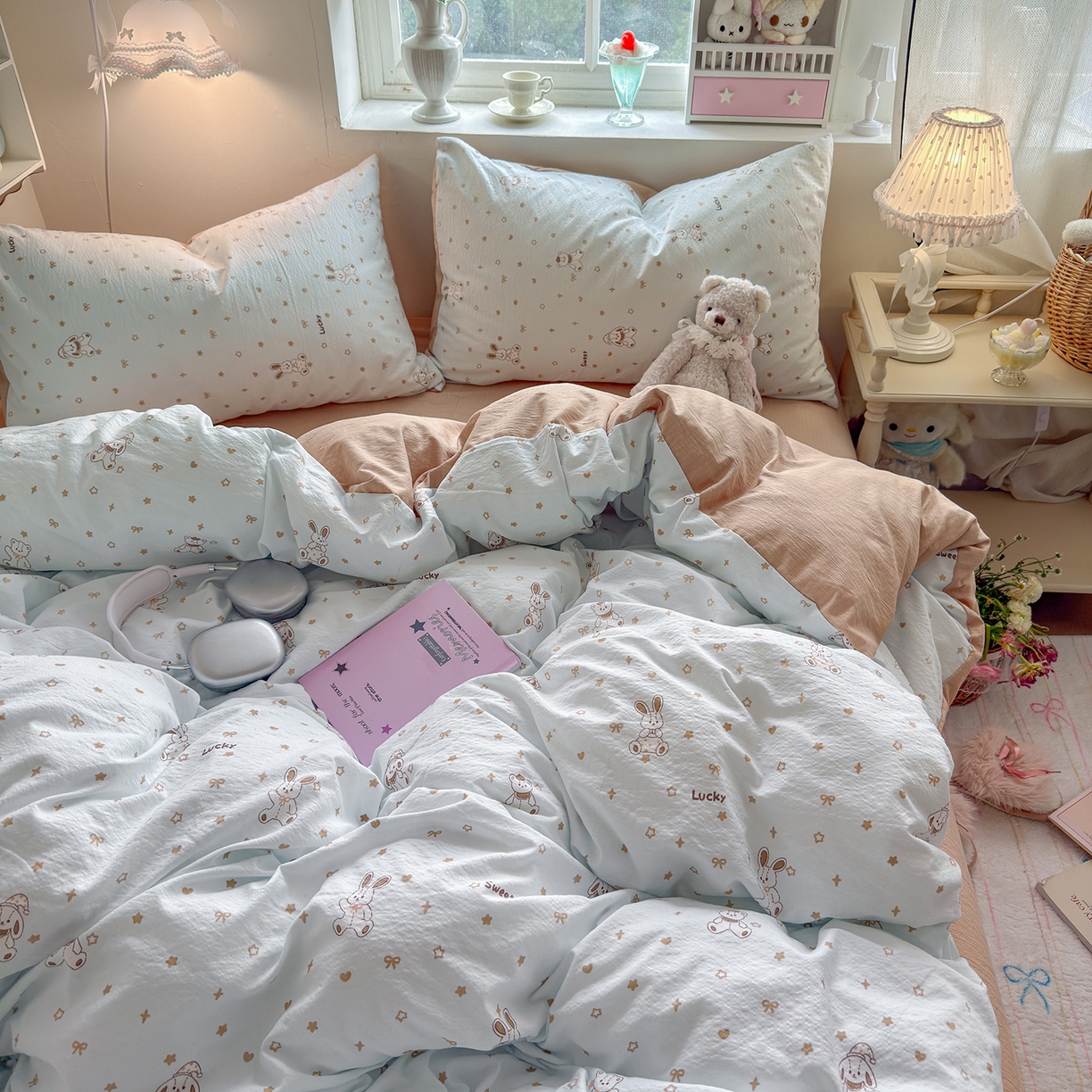 91家纺网 家纺一手货源 找家纺 罗亿家纺 2026新款小清新云感双层纱木棉四件套系列（小红书热款推荐） 星星屁屁兔