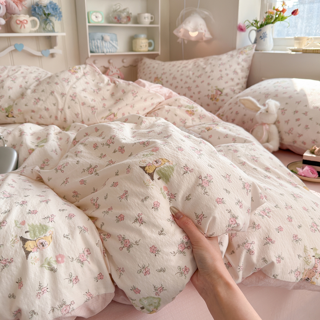 91家纺网 家纺一手货源 找家纺 罗亿家纺 2026新款小清新云感双层纱木棉四件套系列（小红书热款推荐） 星星人后花园