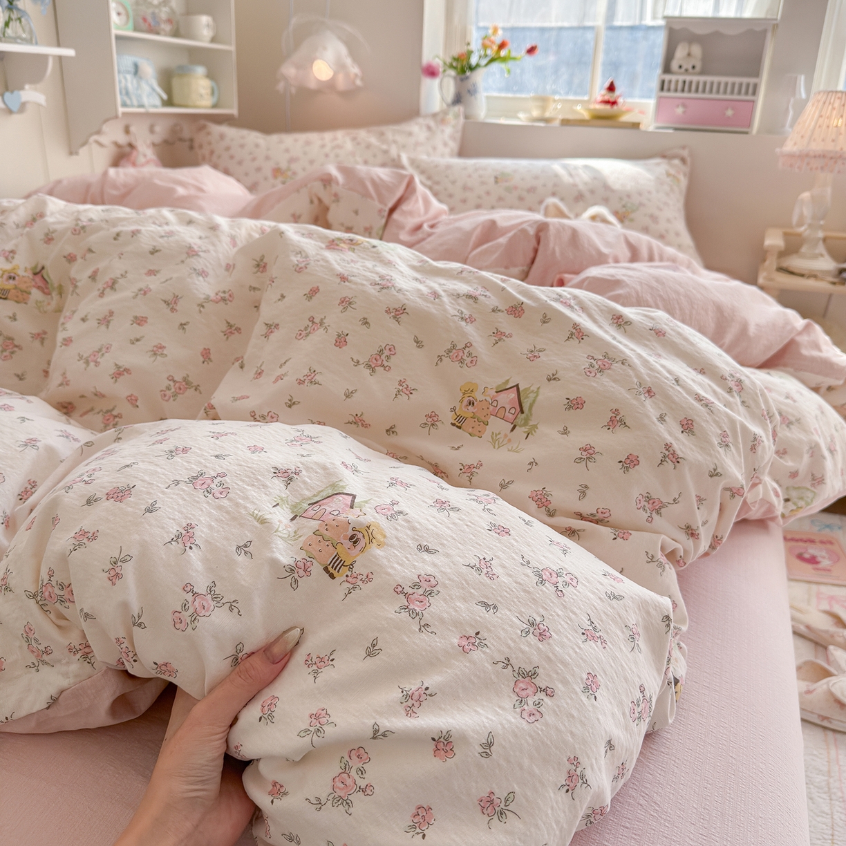 91家纺网 家纺一手货源 找家纺 罗亿家纺 2026新款小清新云感双层纱木棉四件套系列（小红书热款推荐） 星星人后花园