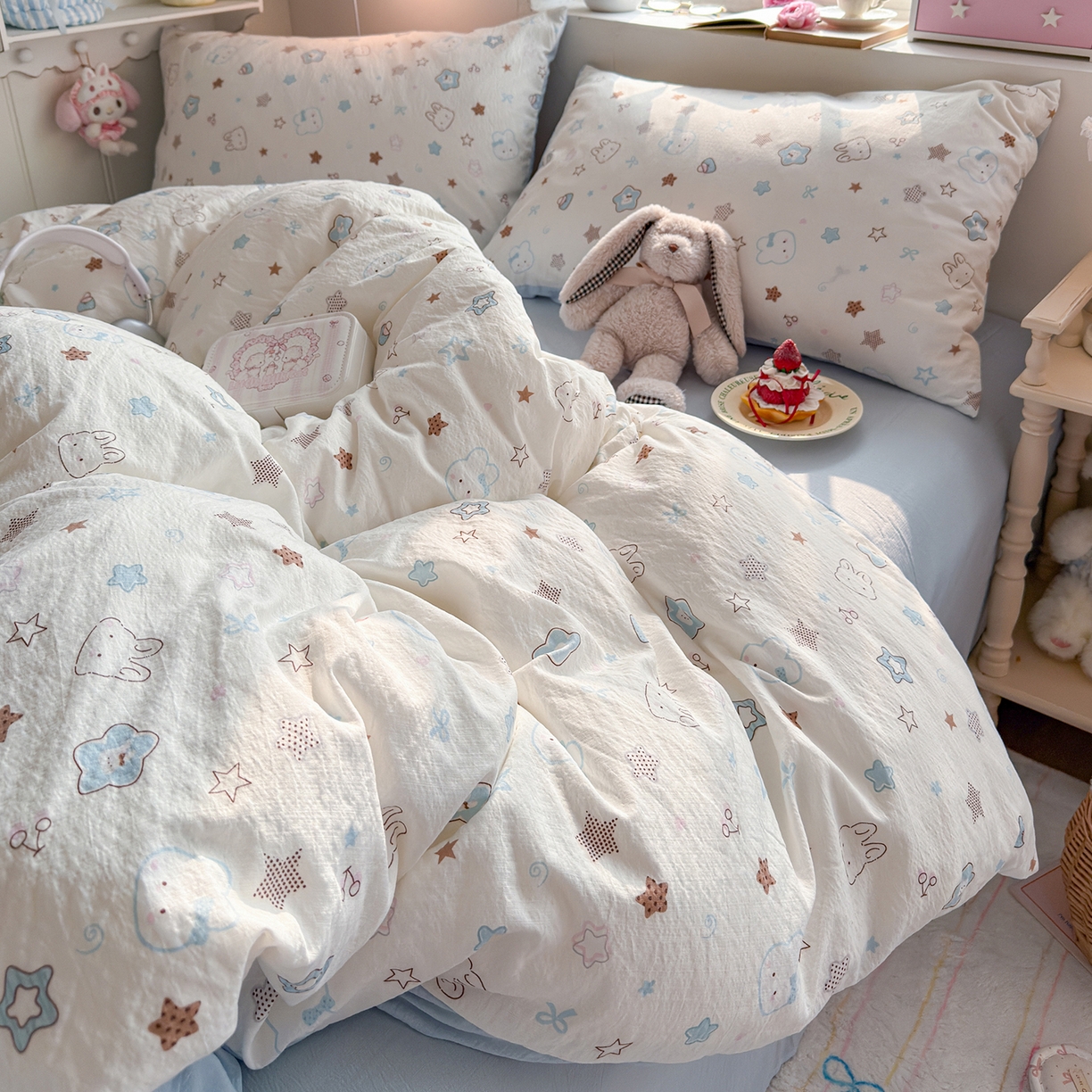 91家纺网 家纺一手货源 找家纺 罗亿家纺 2026新款小清新云感双层纱木棉四件套系列（小红书热款推荐） 星星兔