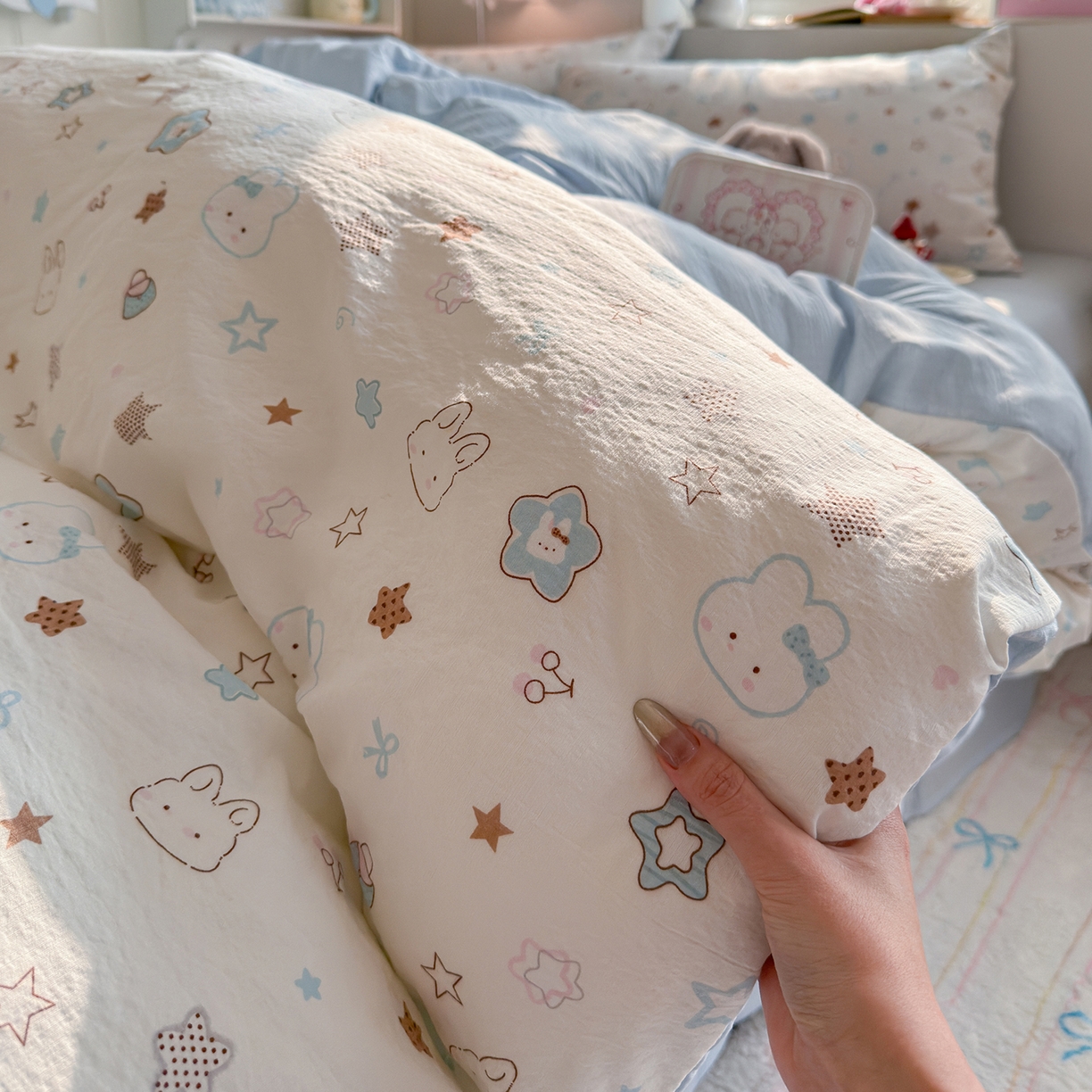 91家纺网 家纺一手货源 找家纺 罗亿家纺 2026新款小清新云感双层纱木棉四件套系列（小红书热款推荐） 星星兔