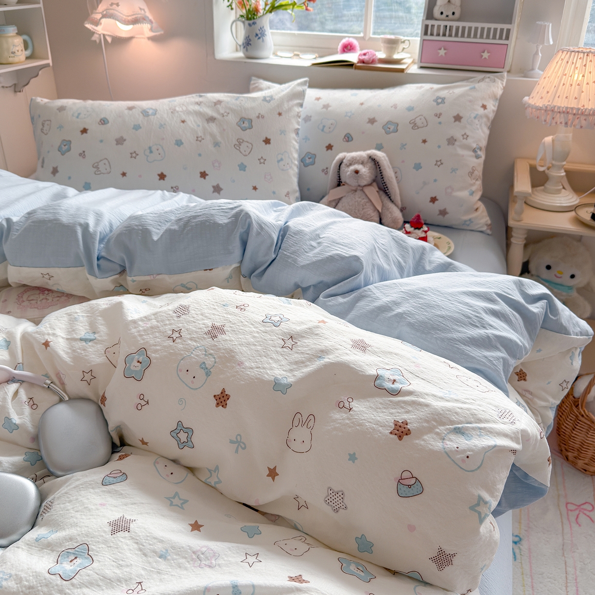 91家纺网 家纺一手货源 找家纺 罗亿家纺 2026新款小清新云感双层纱木棉四件套系列（小红书热款推荐） 星星兔