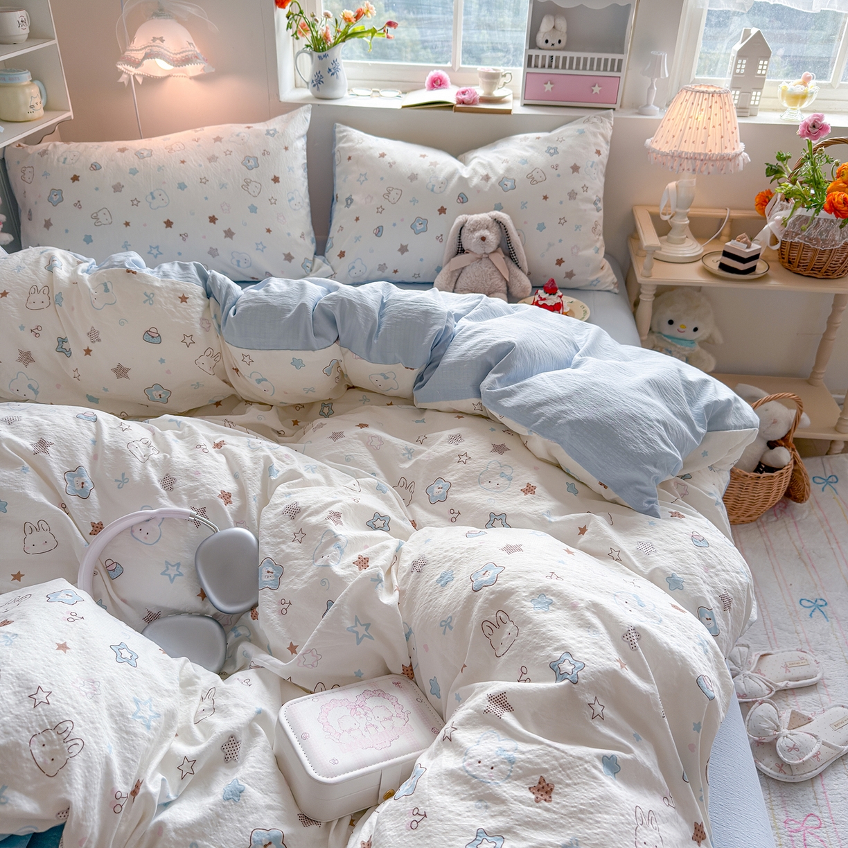 91家纺网 家纺一手货源 找家纺 罗亿家纺 2026新款小清新云感双层纱木棉四件套系列（小红书热款推荐） 星星兔