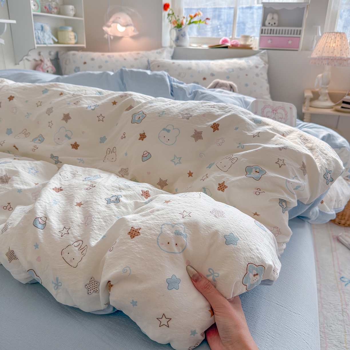 91家纺网 家纺一手货源 找家纺 罗亿家纺 2026新款小清新云感双层纱木棉四件套系列（小红书热款推荐） 星星兔